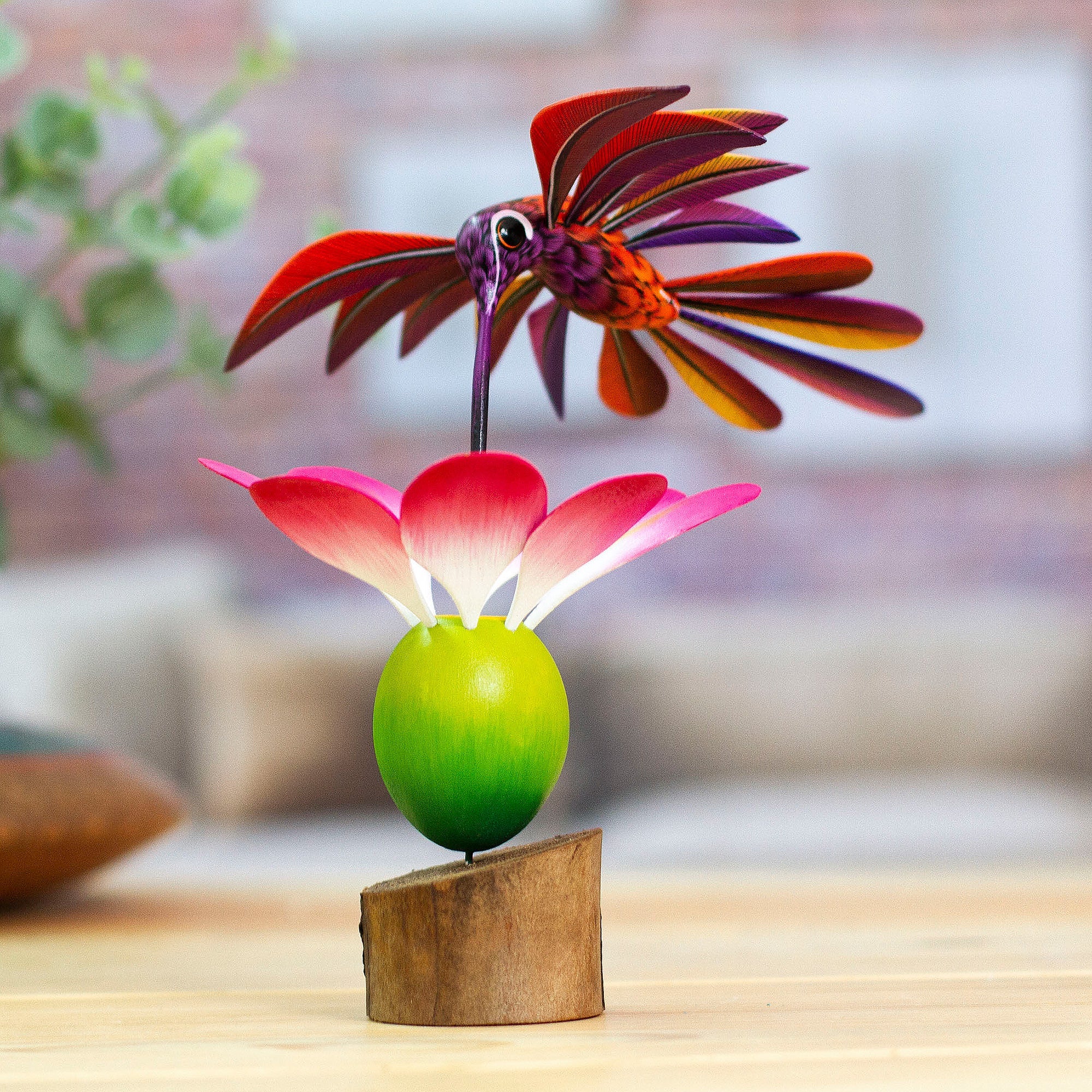 Handmade Floral Wood Bird Sculpture - Happy Hummingbird