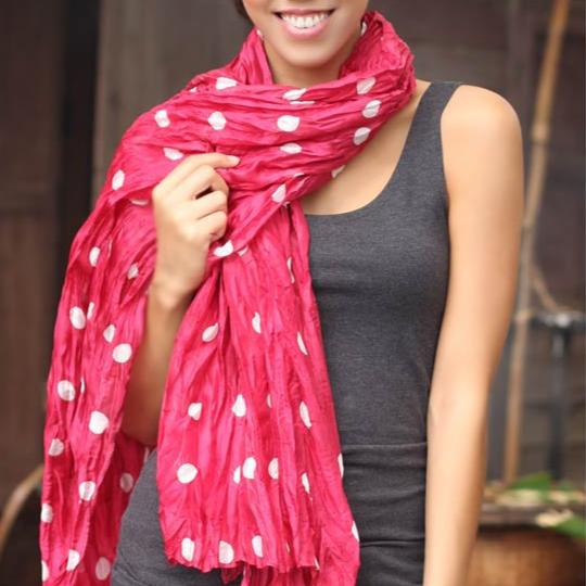 Hand Crafted Batik Patterned Scarf - Pink Polka Retro