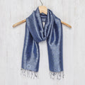 Dark Blue Woven Floral Scarf from Thailand - Navy Blue Bouquet