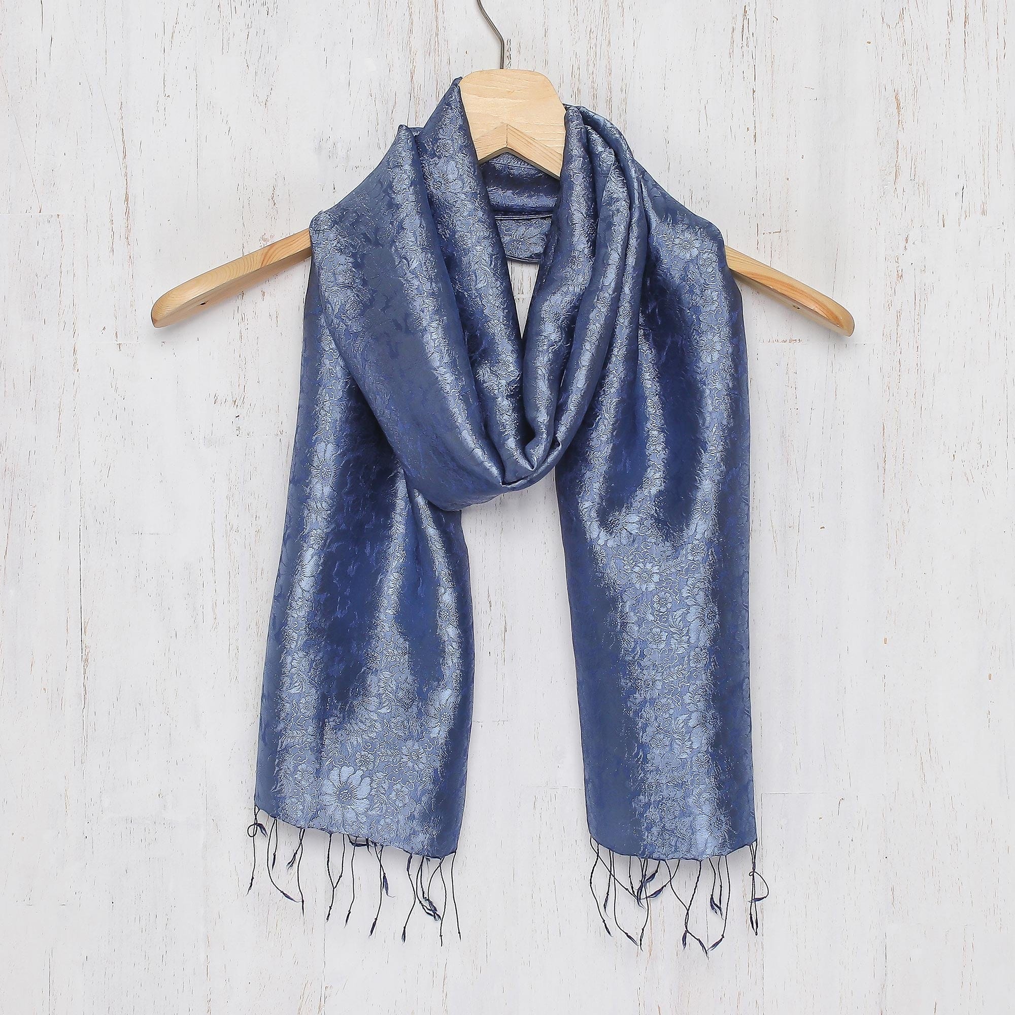 Dark Blue Woven Floral Scarf from Thailand - Navy Blue Bouquet