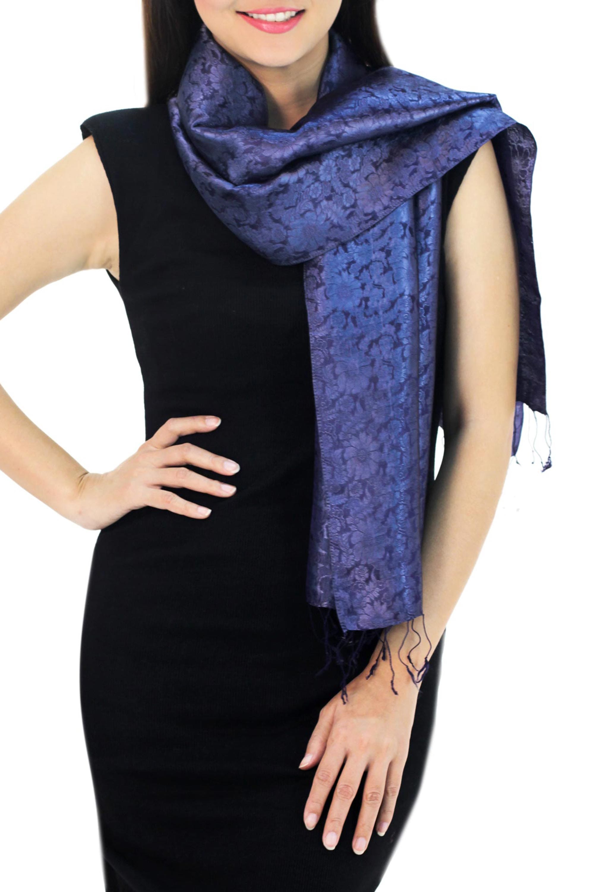 Dark Blue Woven Floral Scarf from Thailand - Navy Blue Bouquet