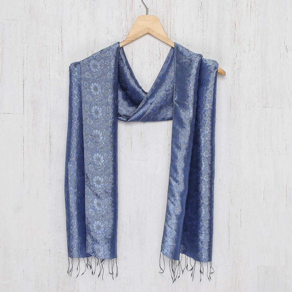 Dark Blue Woven Floral Scarf from Thailand - Navy Blue Bouquet