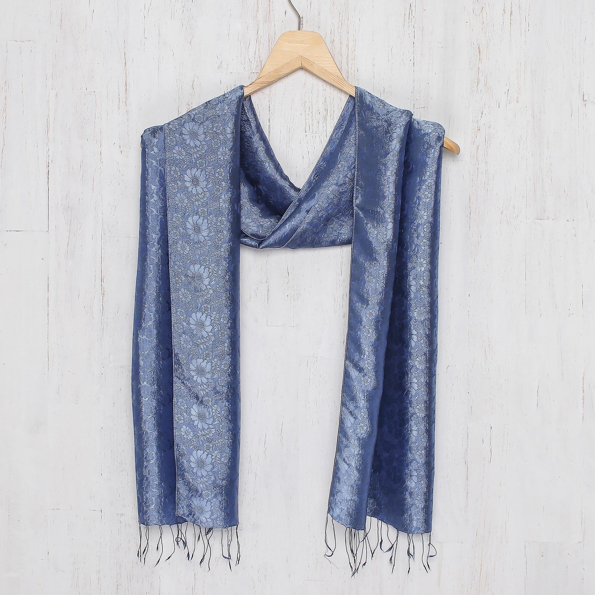 Dark Blue Woven Floral Scarf from Thailand - Navy Blue Bouquet