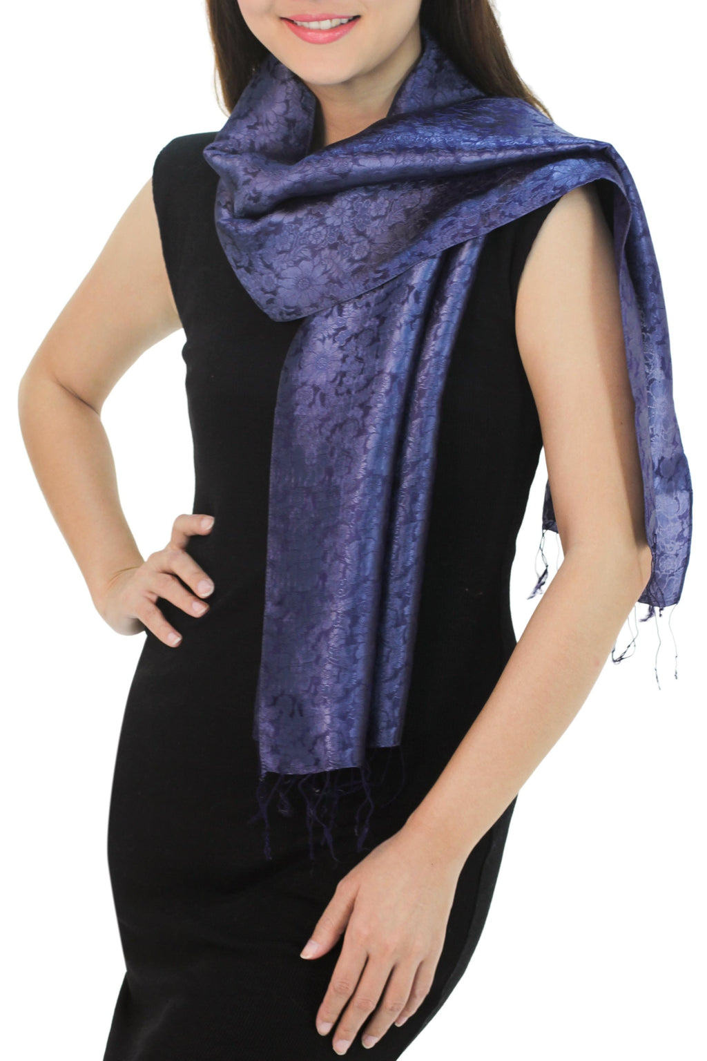 Dark Blue Woven Floral Scarf from Thailand - Navy Blue Bouquet