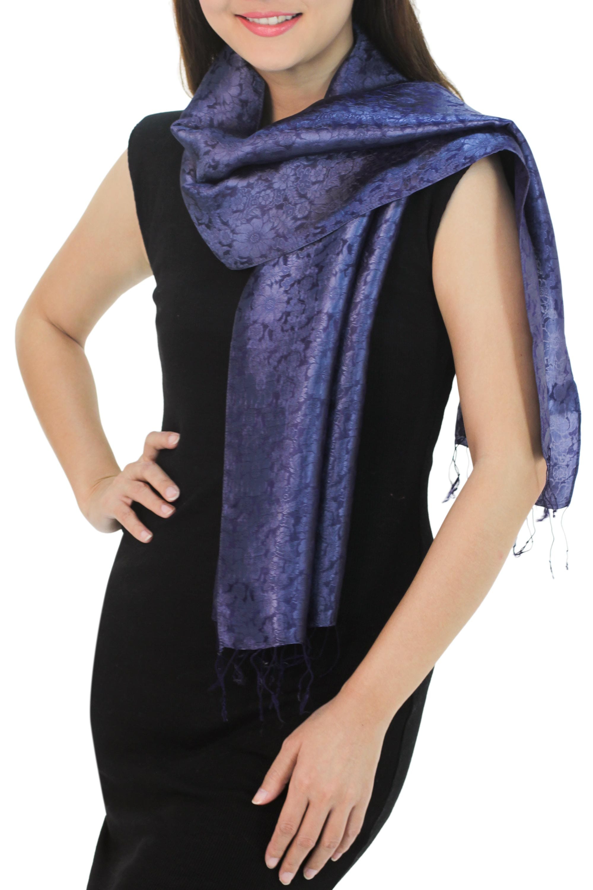 Dark Blue Woven Floral Scarf from Thailand - Navy Blue Bouquet