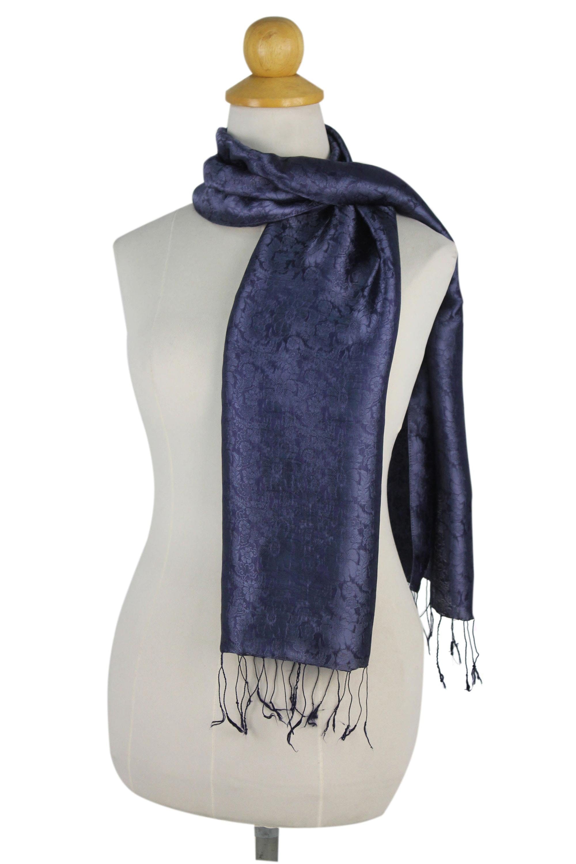Dark Blue Woven Floral Scarf from Thailand - Navy Blue Bouquet