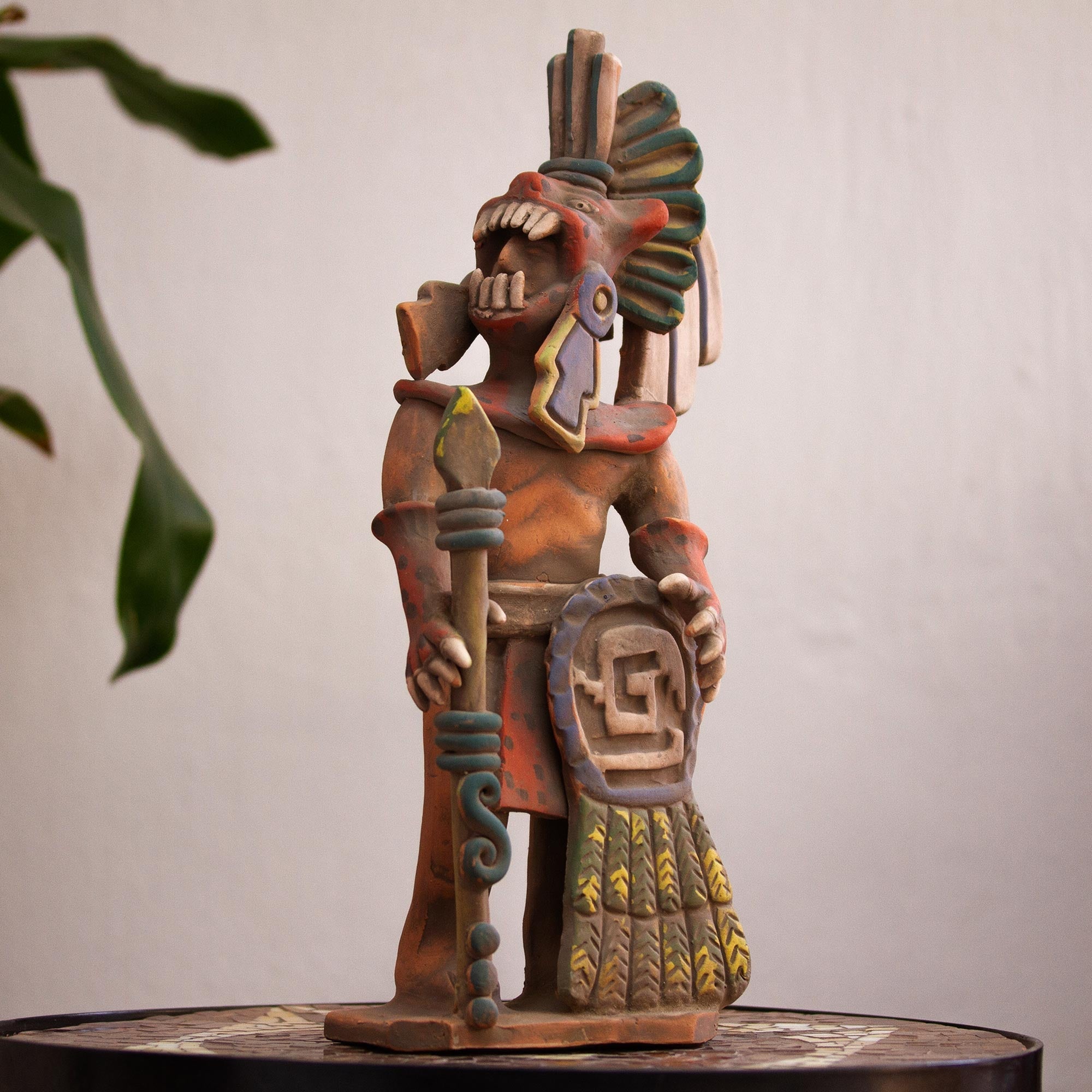 Realistic Ceramic Sculpture of an Aztec Jaguar Warrior - Fierce Aztec Jaguar Warrior