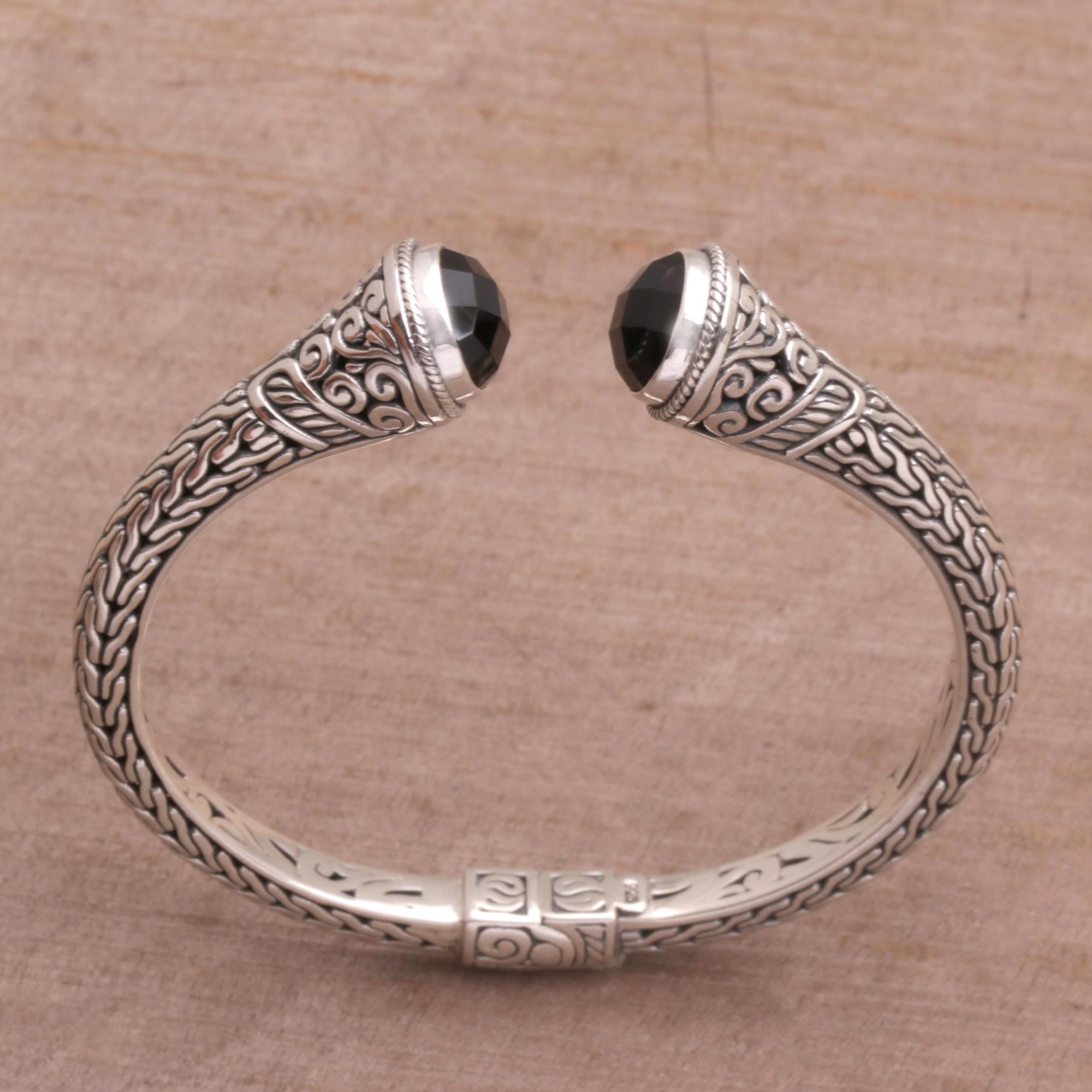Onyx and Sterling Silver Cuff Bracelet from Indonesia - Onyx Shrine