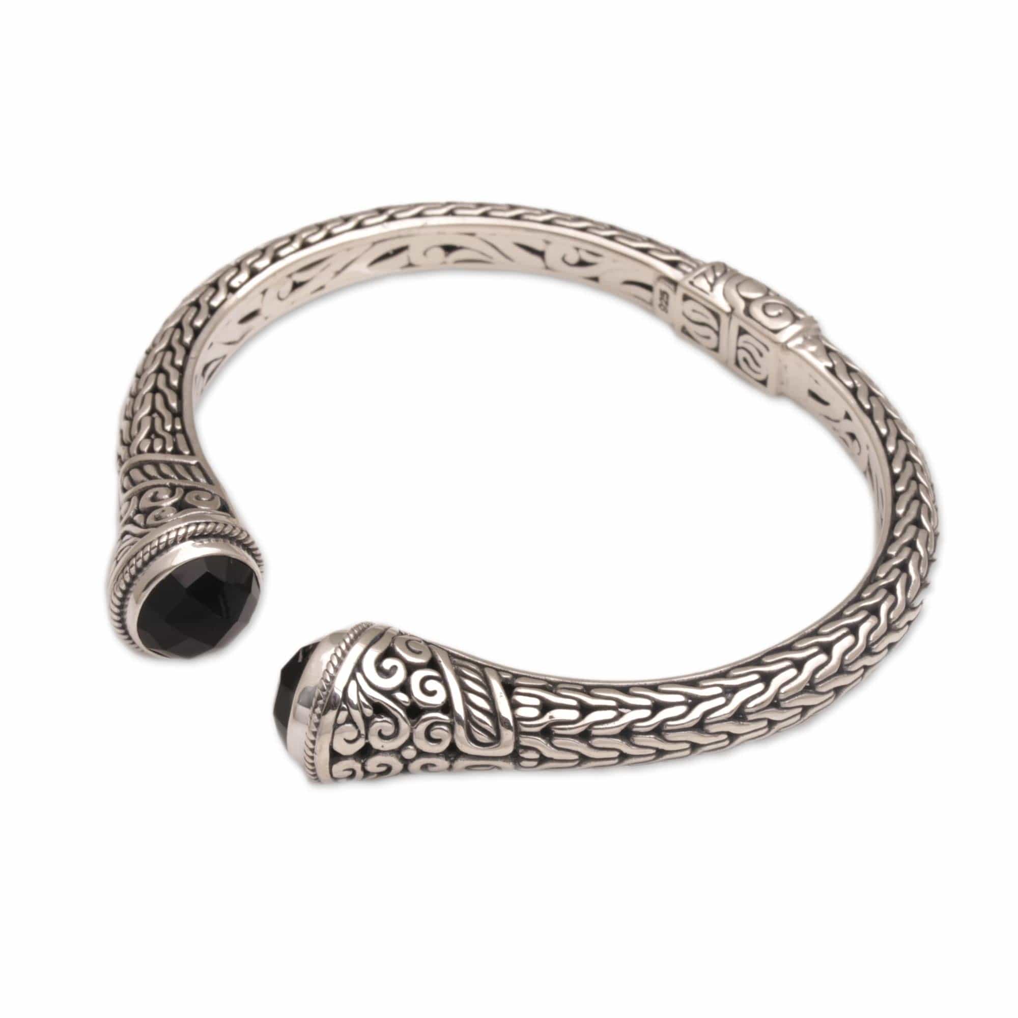 Onyx and Sterling Silver Cuff Bracelet from Indonesia - Onyx Shrine