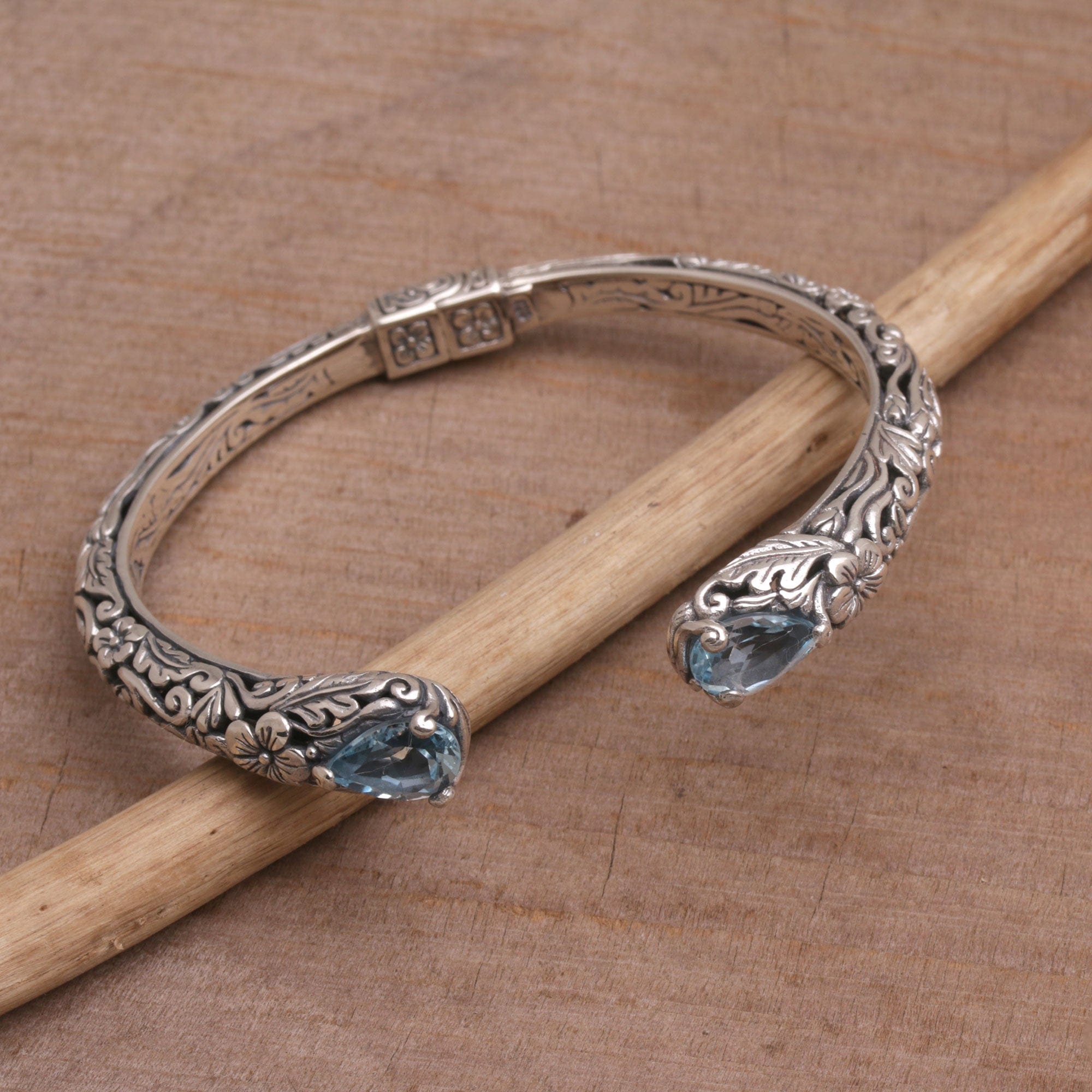 Floral Blue Topaz and Silver Cuff Bracelet from Bali - Transcendent Forest