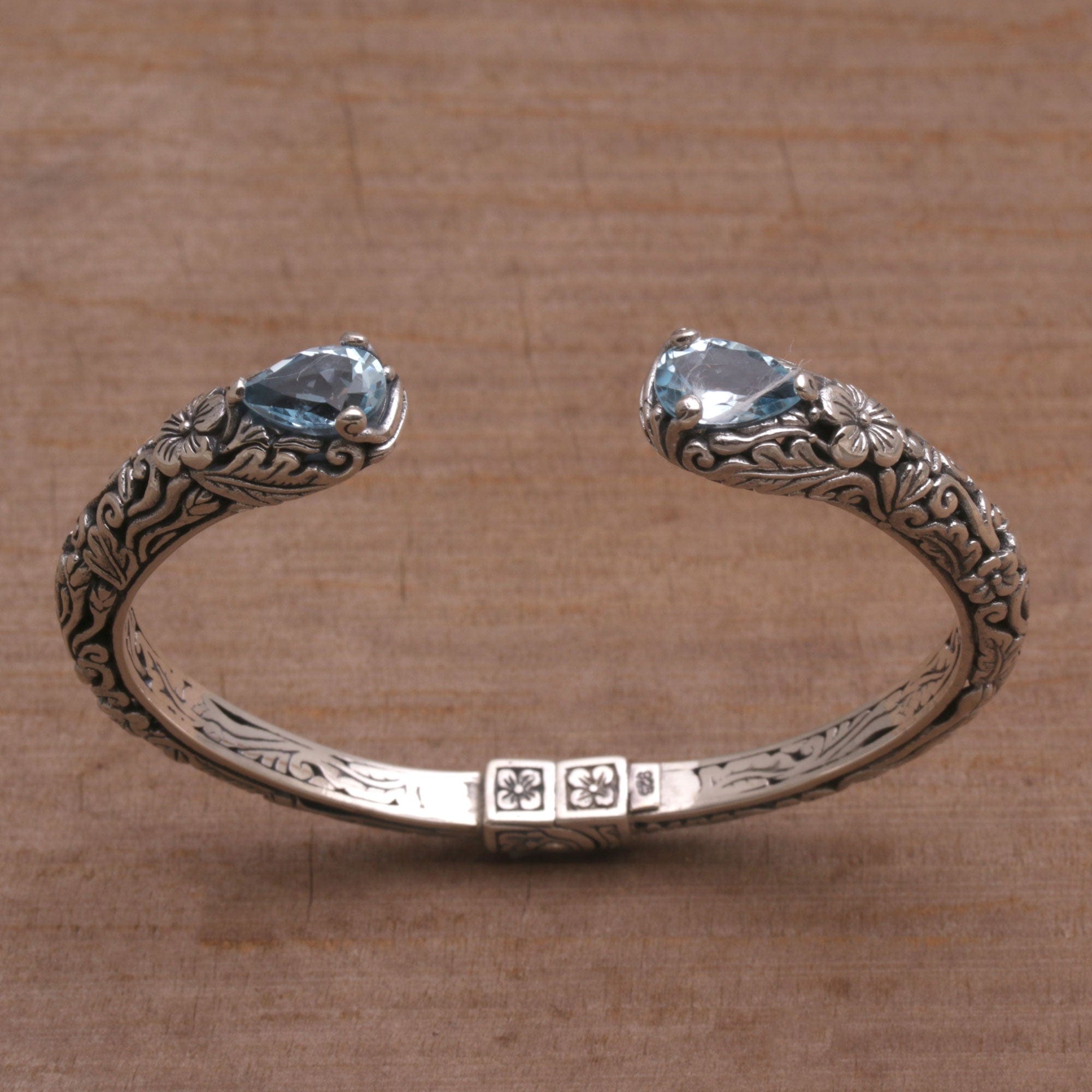 Floral Blue Topaz and Silver Cuff Bracelet from Bali - Transcendent Forest