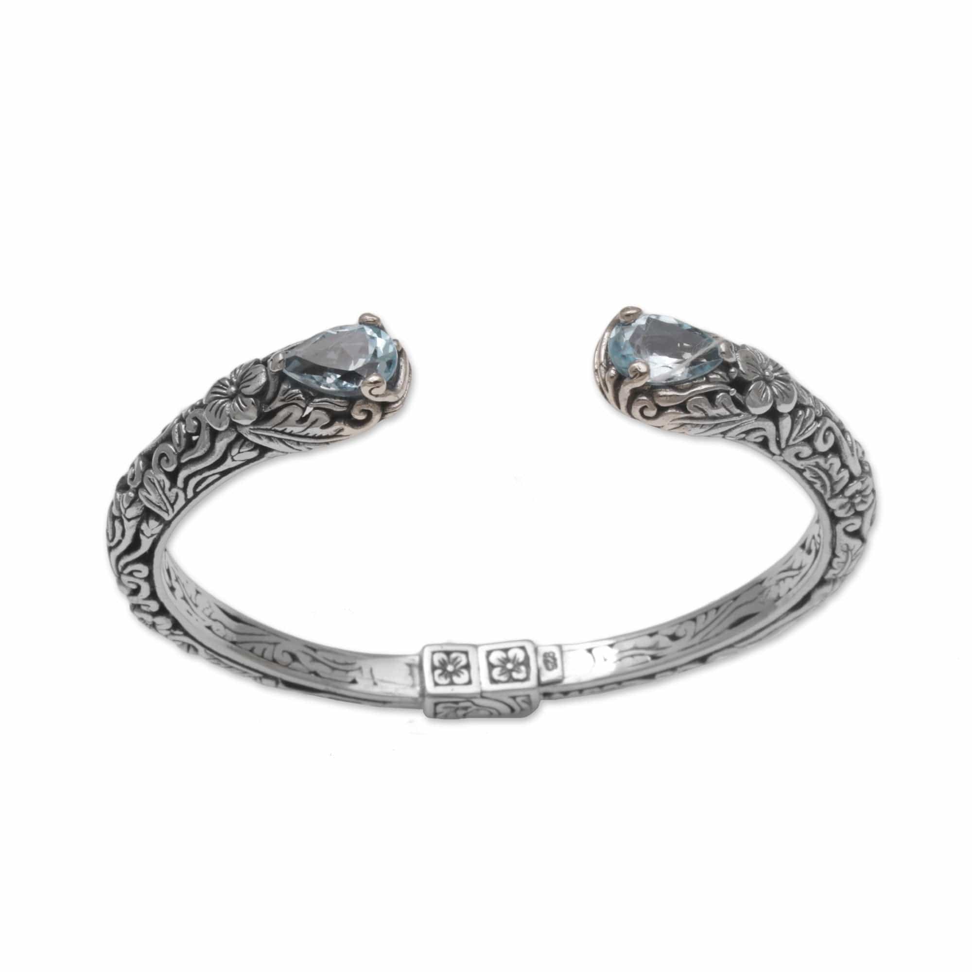 Floral Blue Topaz and Silver Cuff Bracelet from Bali - Transcendent Forest