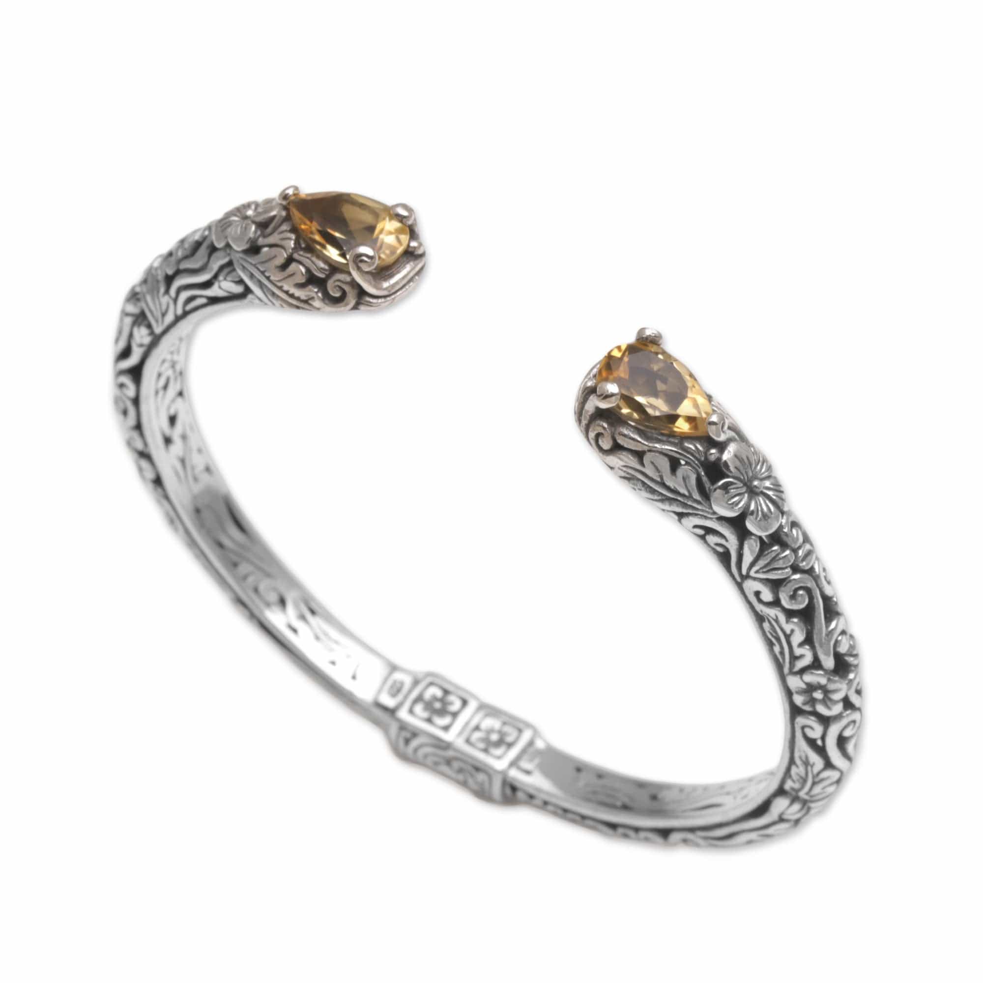 Floral Citrine and Silver Cuff Bracelet from Bali - Transcendent Forest