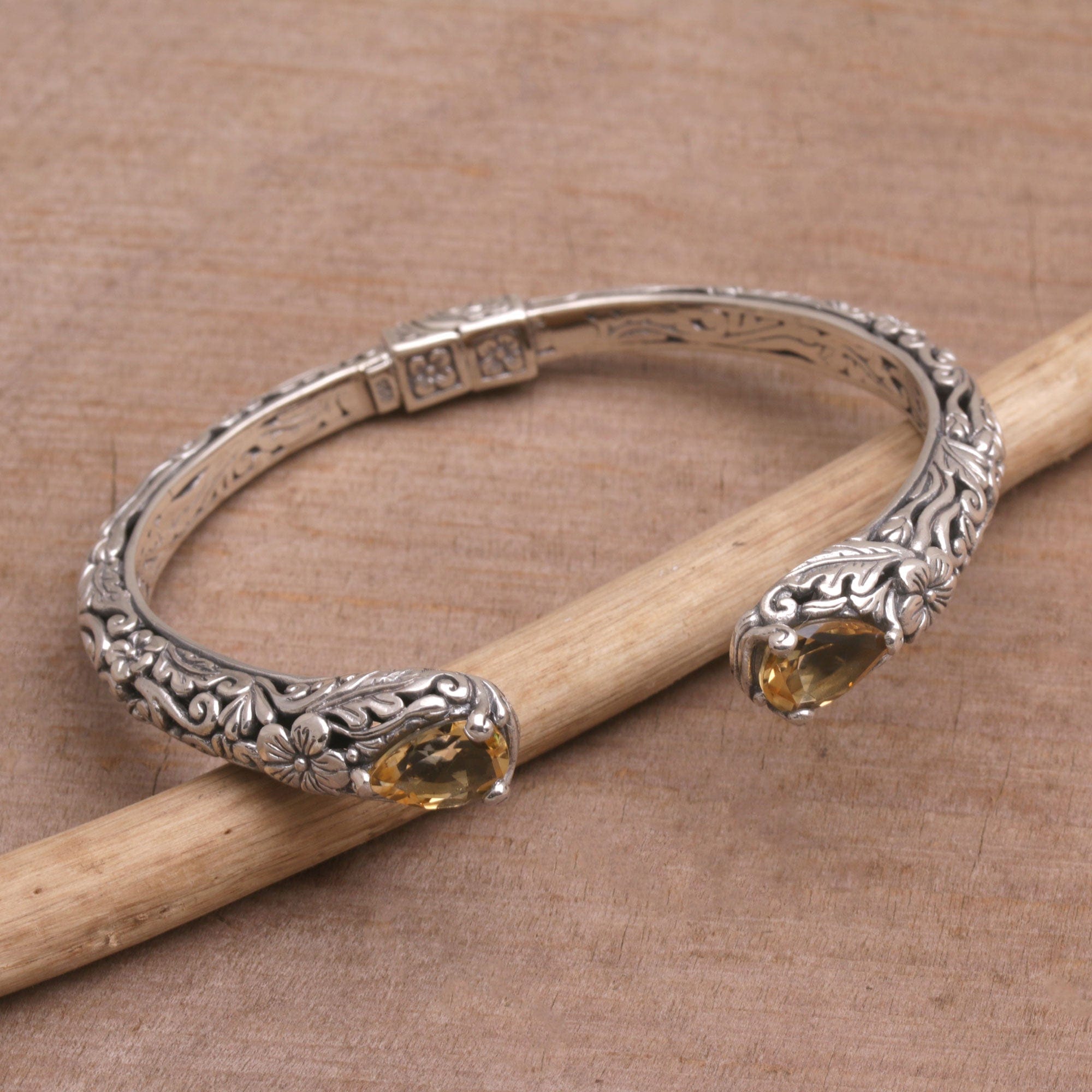 Floral Citrine and Silver Cuff Bracelet from Bali - Transcendent Forest