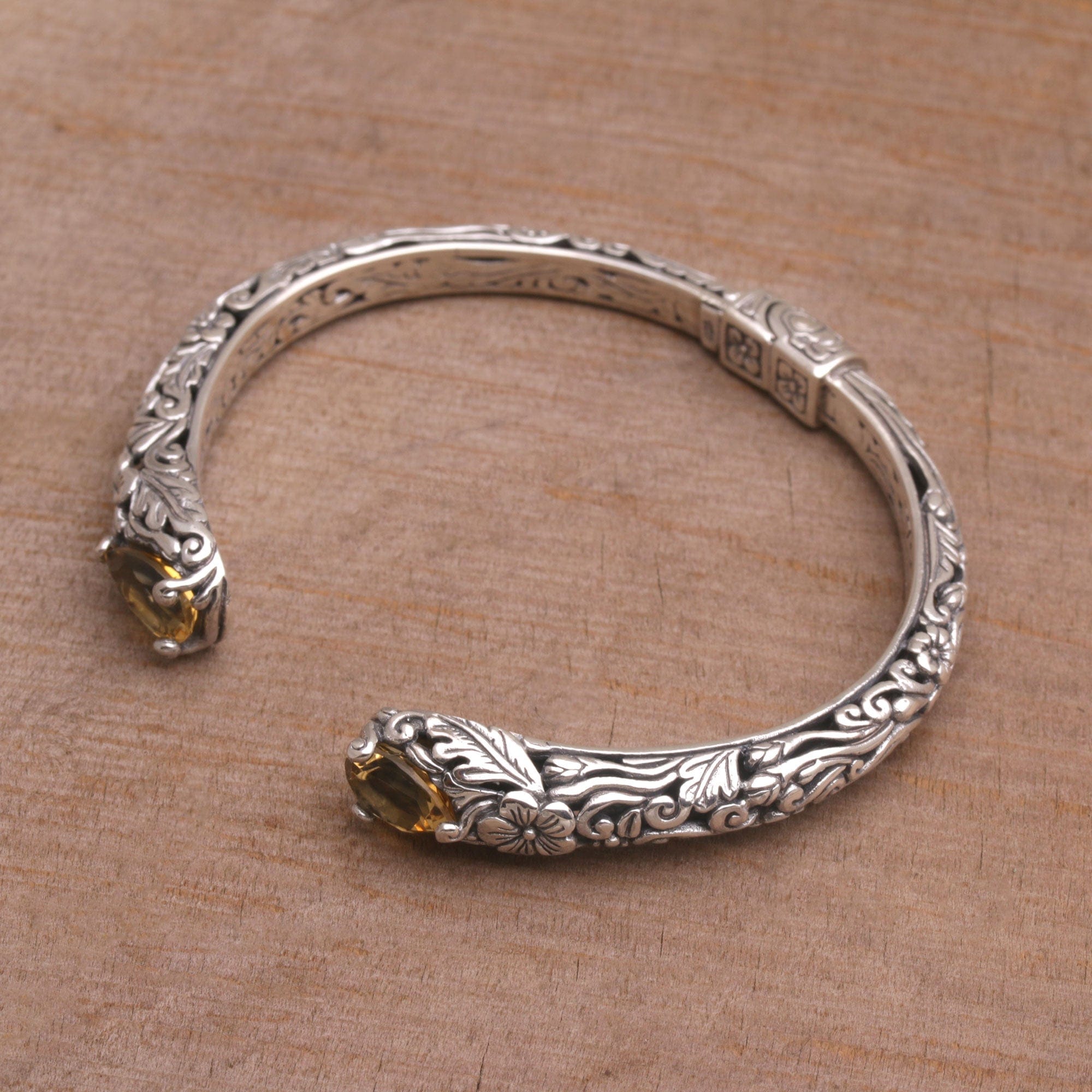 Floral Citrine and Silver Cuff Bracelet from Bali - Transcendent Forest