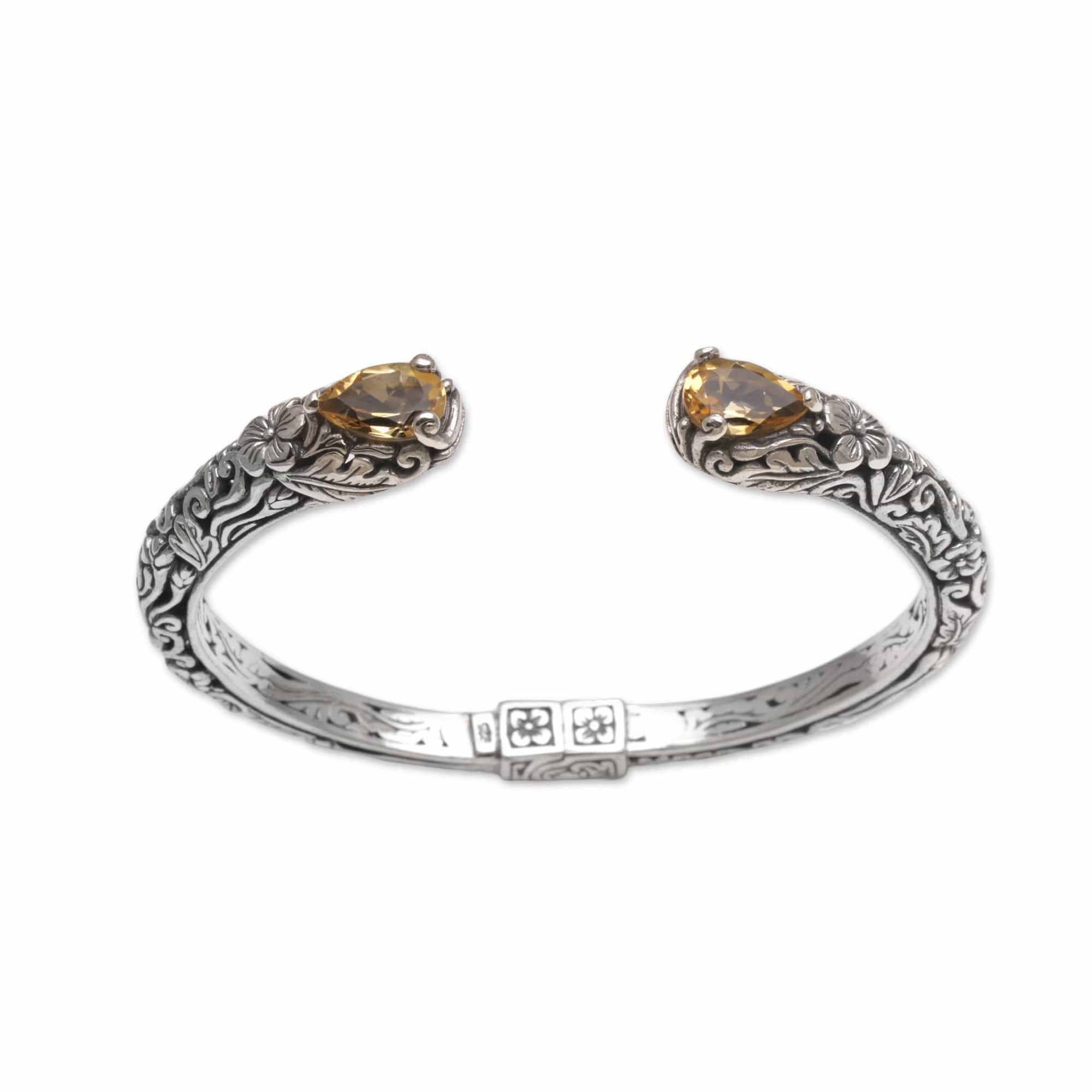 Floral Citrine and Silver Cuff Bracelet from Bali - Transcendent Forest