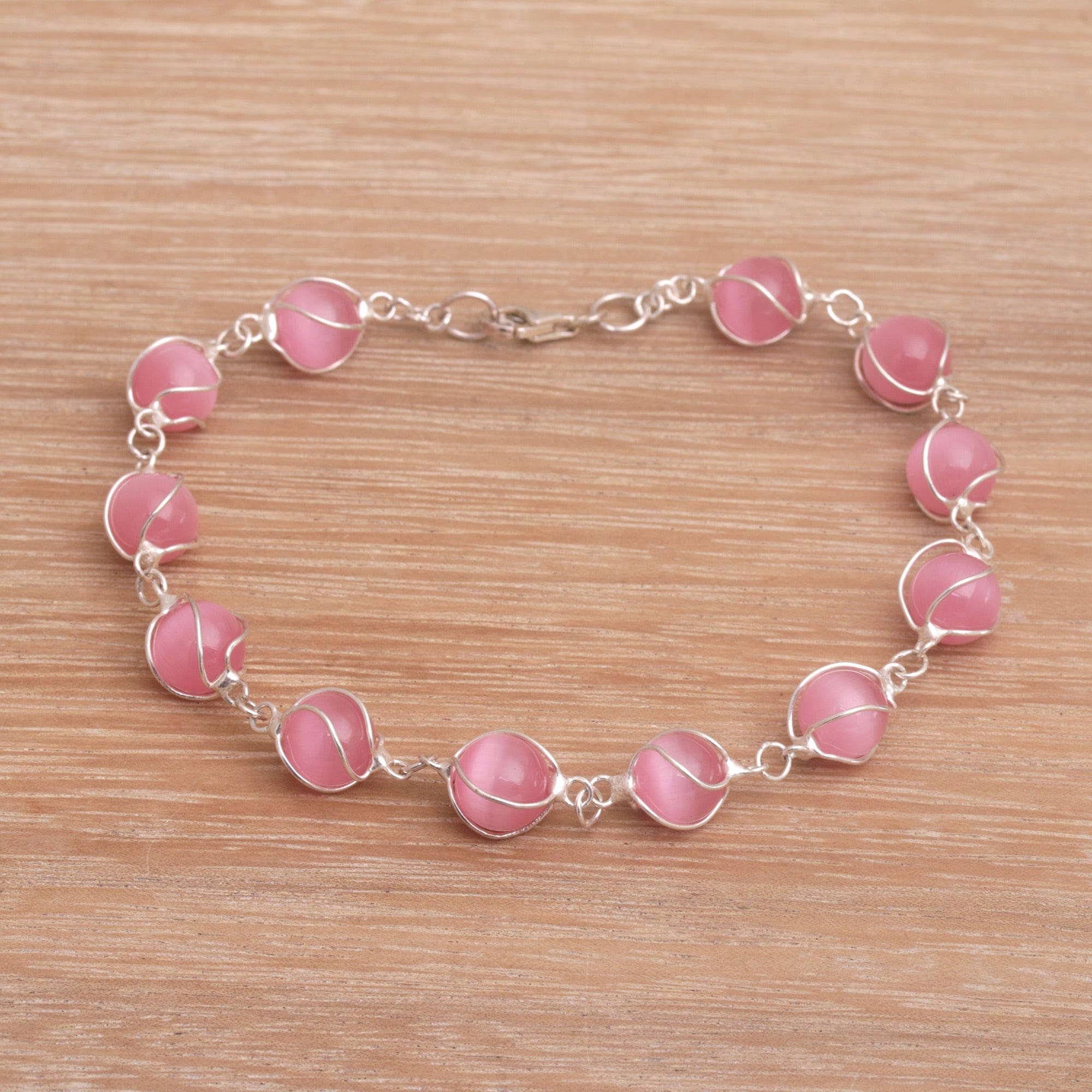 Pink Cat's Eye and Sterling Silver Linked Bracelet - Linked Petals