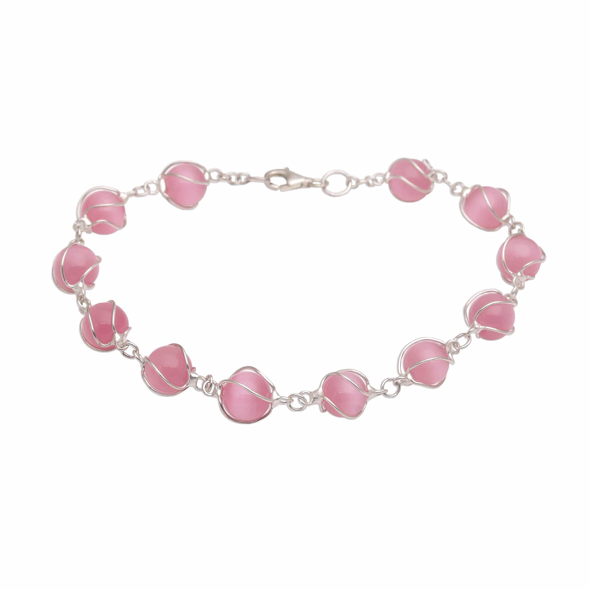 Pink Cat's Eye and Sterling Silver Linked Bracelet - Linked Petals