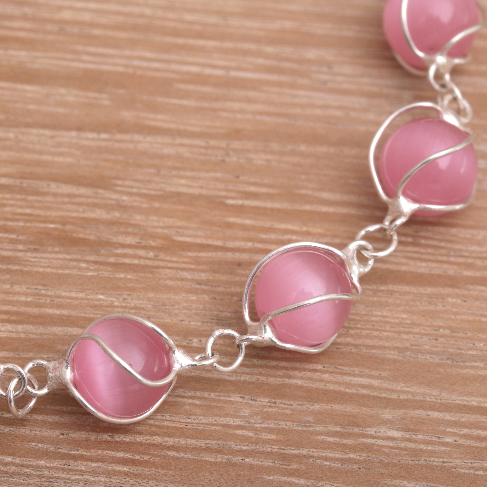 Pink Cat's Eye and Sterling Silver Linked Bracelet - Linked Petals