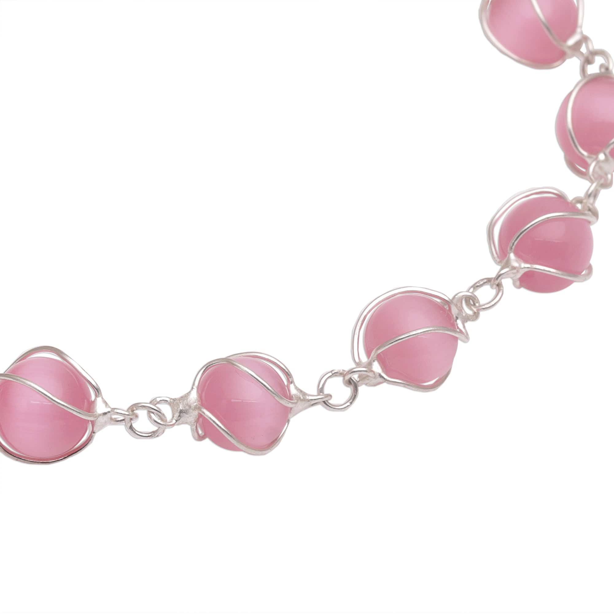 Pink Cat's Eye and Sterling Silver Linked Bracelet - Linked Petals