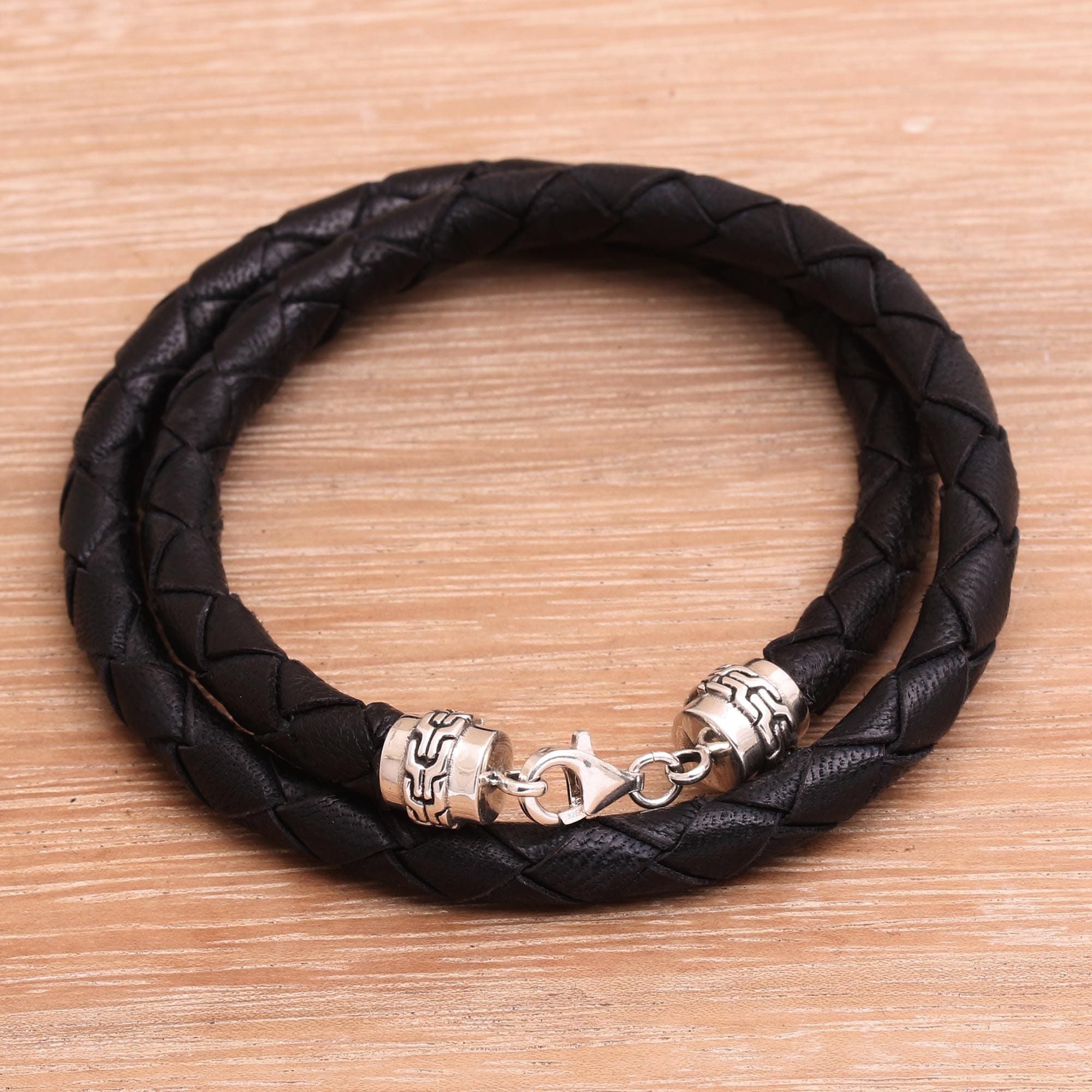 Sterling Silver and Black Braided Leather Wrap Bracelet - Divine Dusk