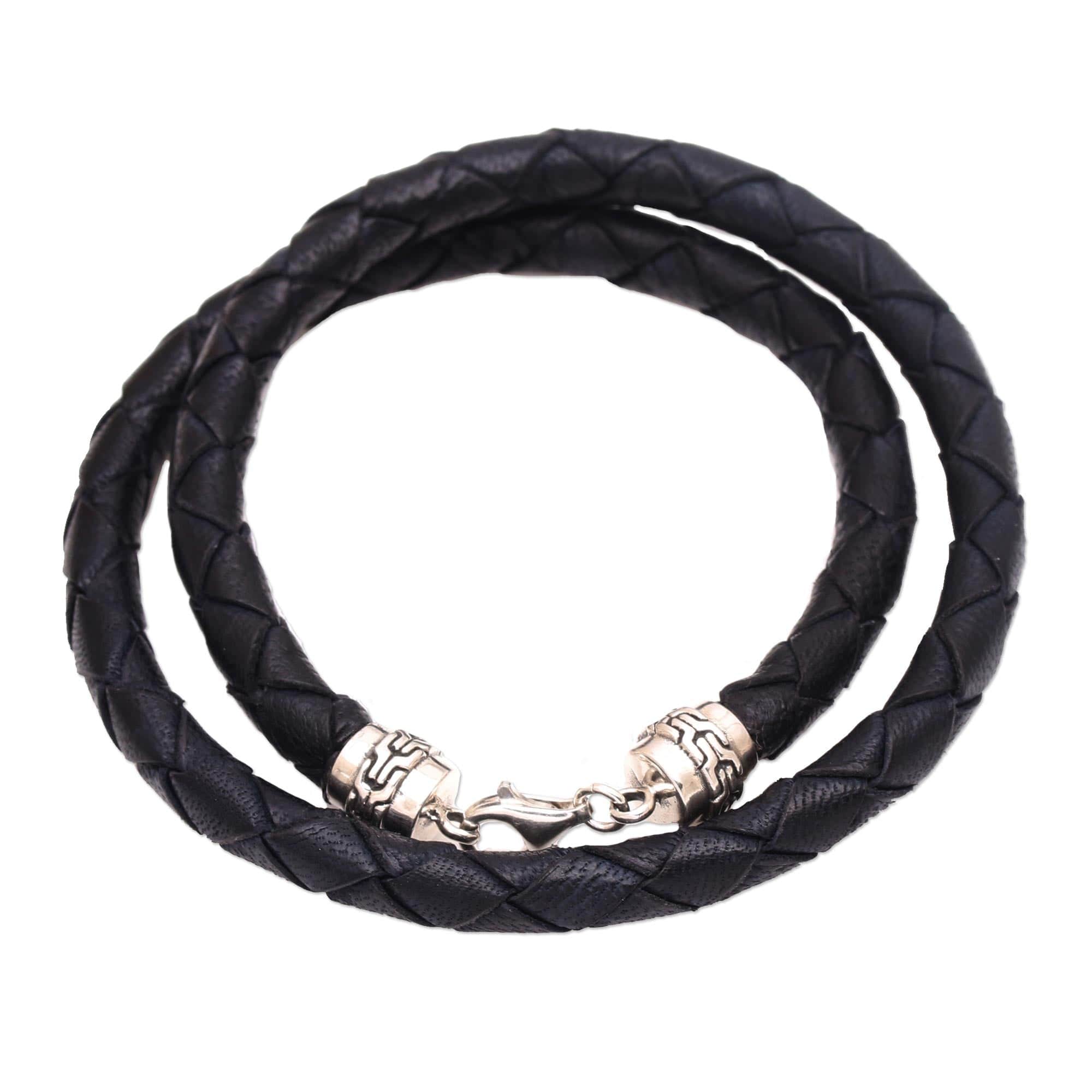 Sterling Silver and Black Braided Leather Wrap Bracelet - Divine Dusk