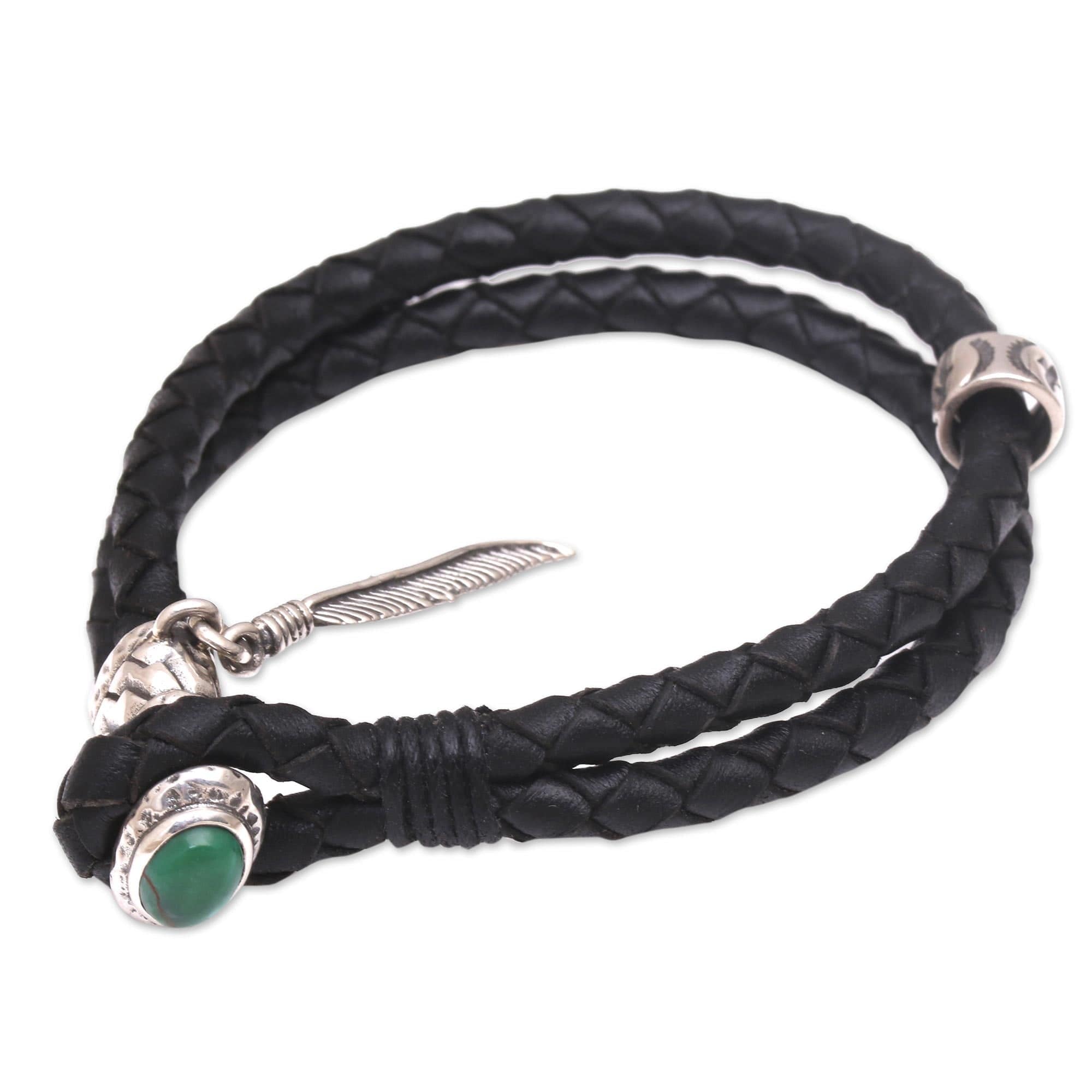 Turquoise and Leather Braided Wristband Bracelet from Bali - Feather of Bravery