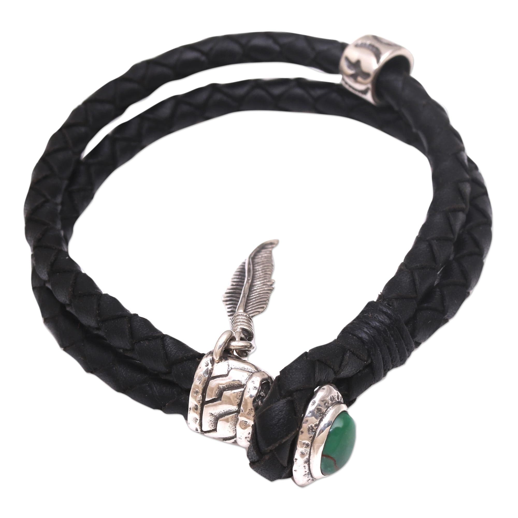 Turquoise and Leather Braided Wristband Bracelet from Bali - Feather of Bravery