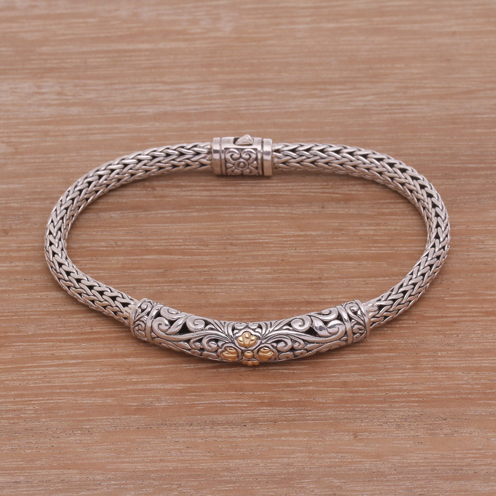 Gold Accent Sterling Silver Pendant Wristband Bracelet - Elegant Twining