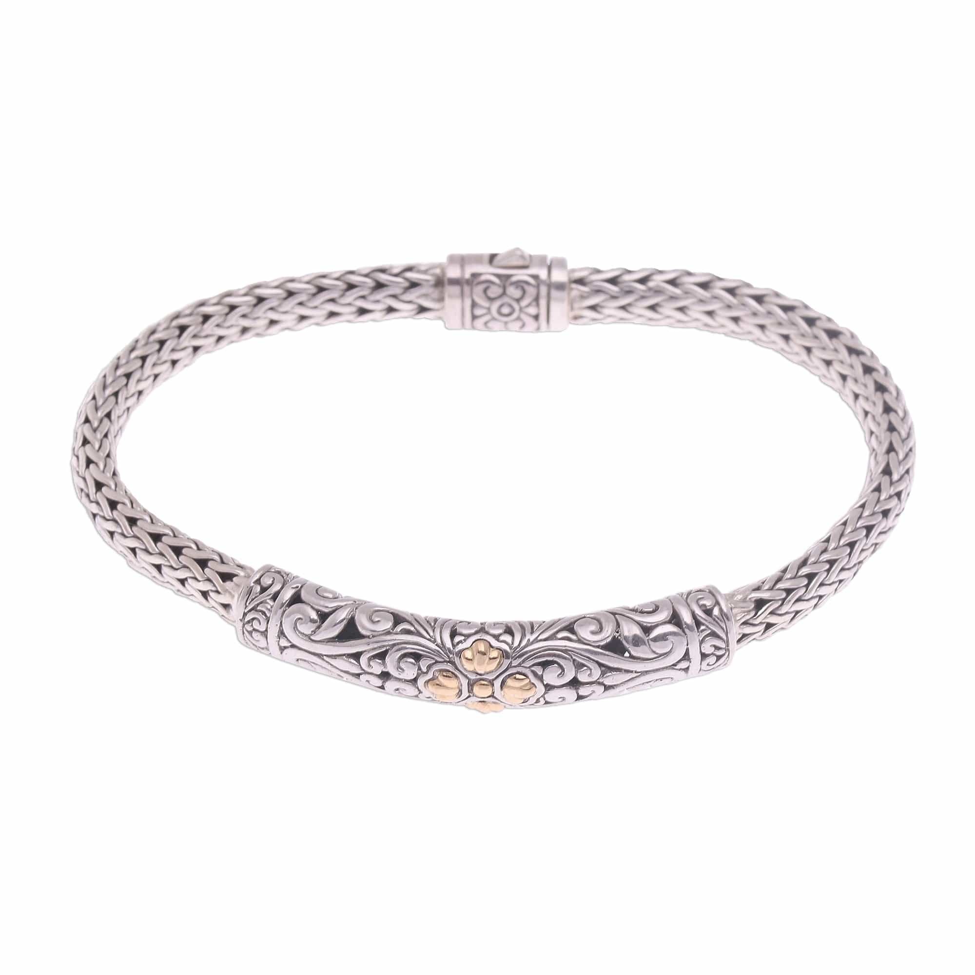 Gold Accent Sterling Silver Pendant Wristband Bracelet - Elegant Twining