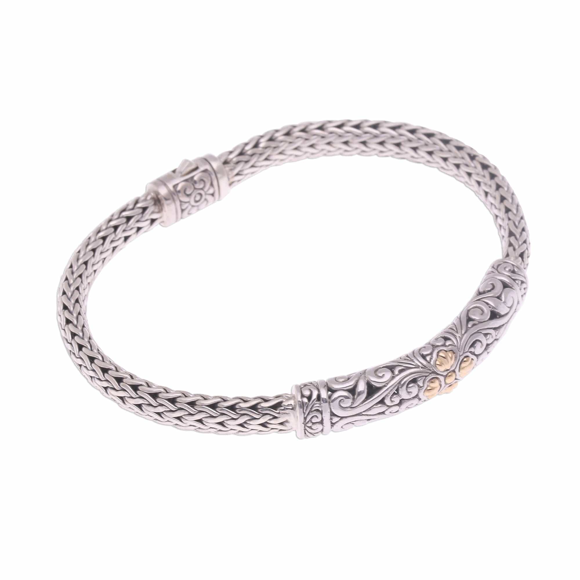 Gold Accent Sterling Silver Pendant Wristband Bracelet - Elegant Twining