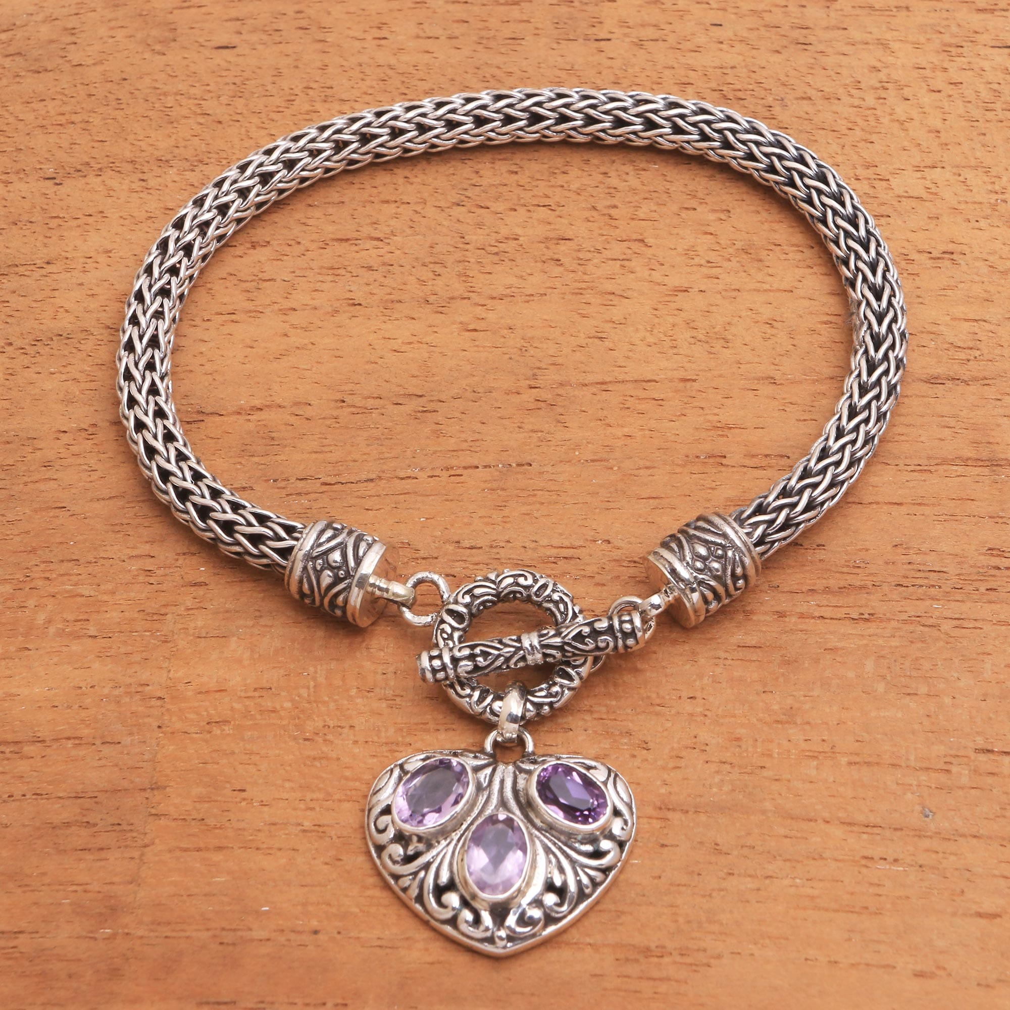 Heart-Shaped Amethyst Chain Bracelet from Bali - Three Times the Love