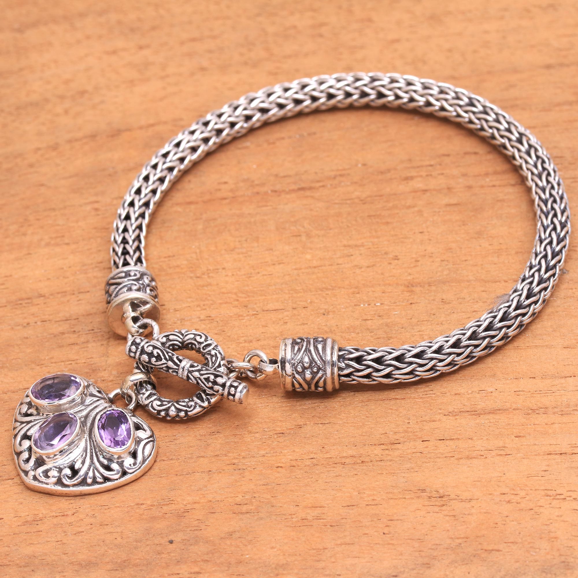 Heart-Shaped Amethyst Chain Bracelet from Bali - Three Times the Love