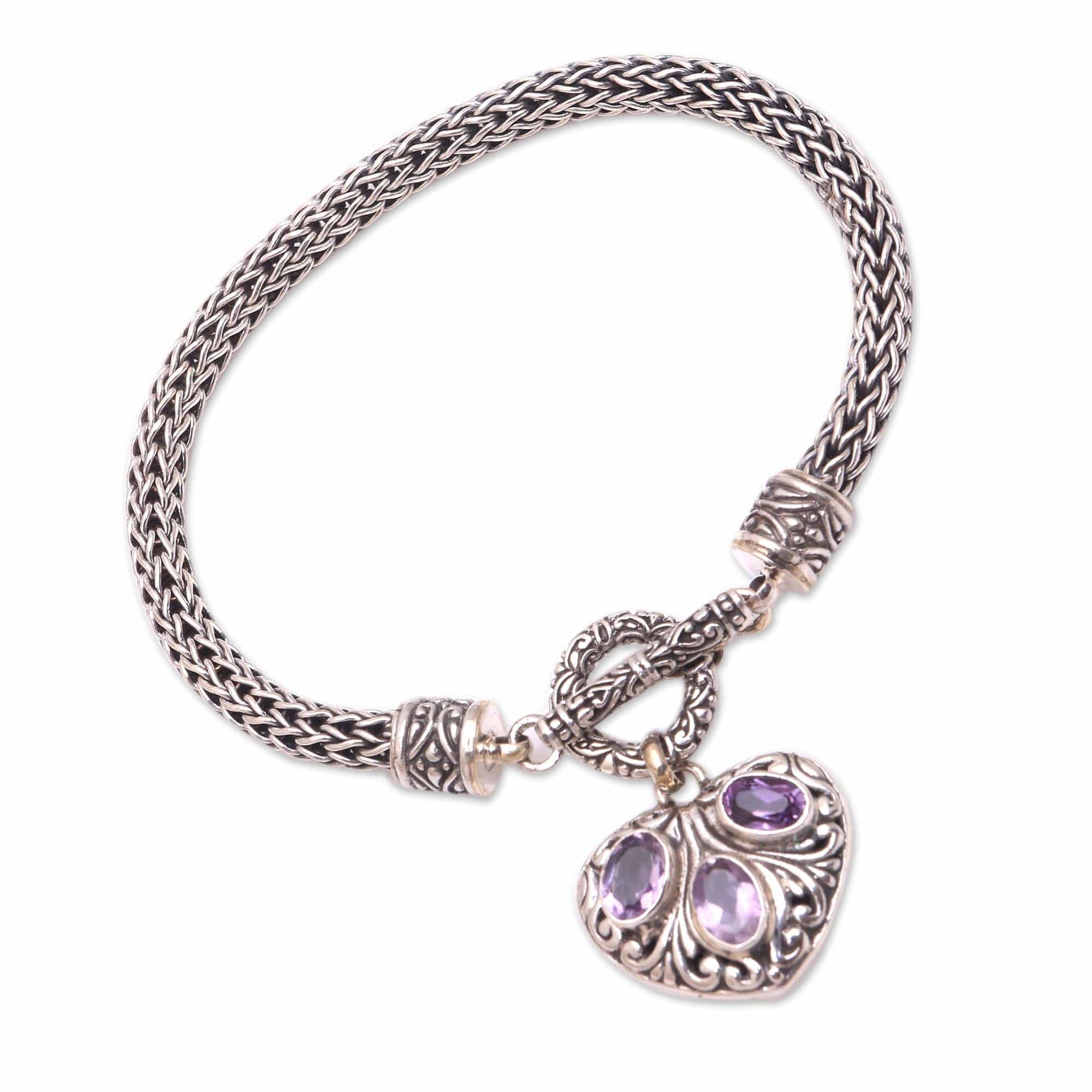 Heart-Shaped Amethyst Chain Bracelet from Bali - Three Times the Love