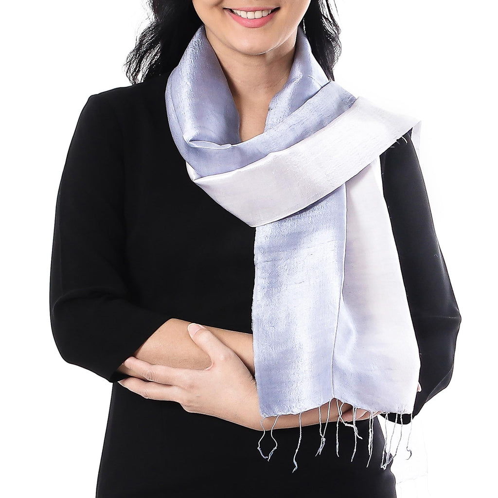 Ombre Grey Silk Scarf with Fringe from Thailand - Silvery Glow