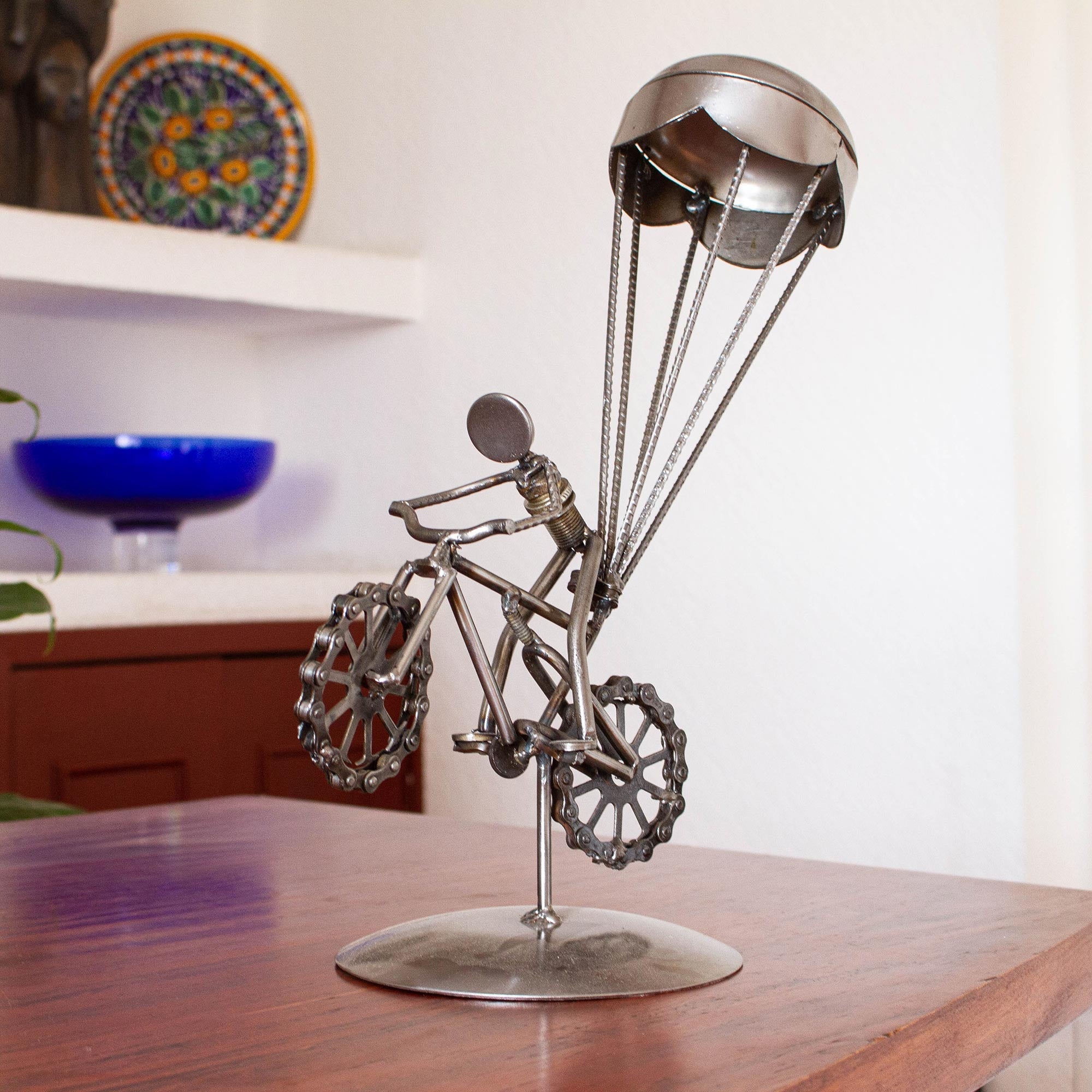 Whimsical Recycled Metal Auto Part Sculpture from Mexico - Floating Bicycle
