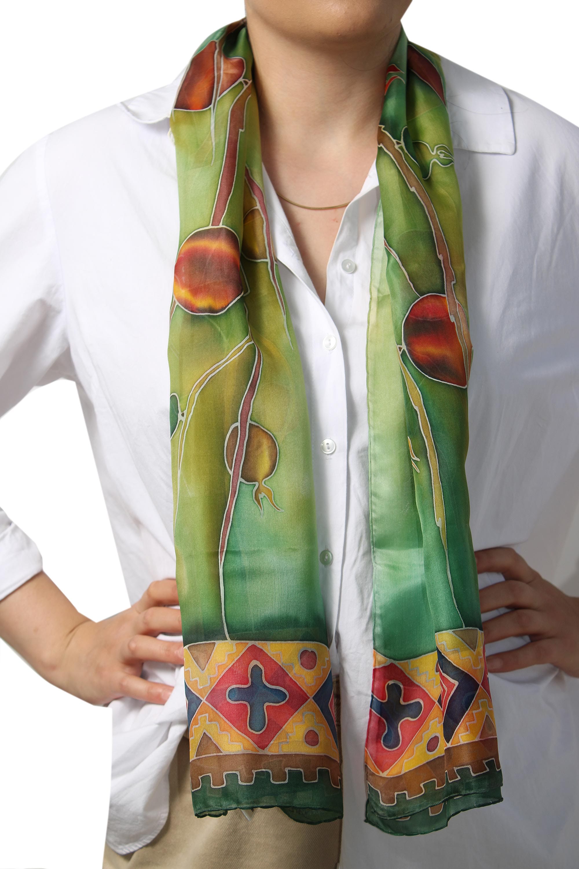 Pomegranate Motif Silk Batik Scarf from Armenia - Precious Pomegranate in Green