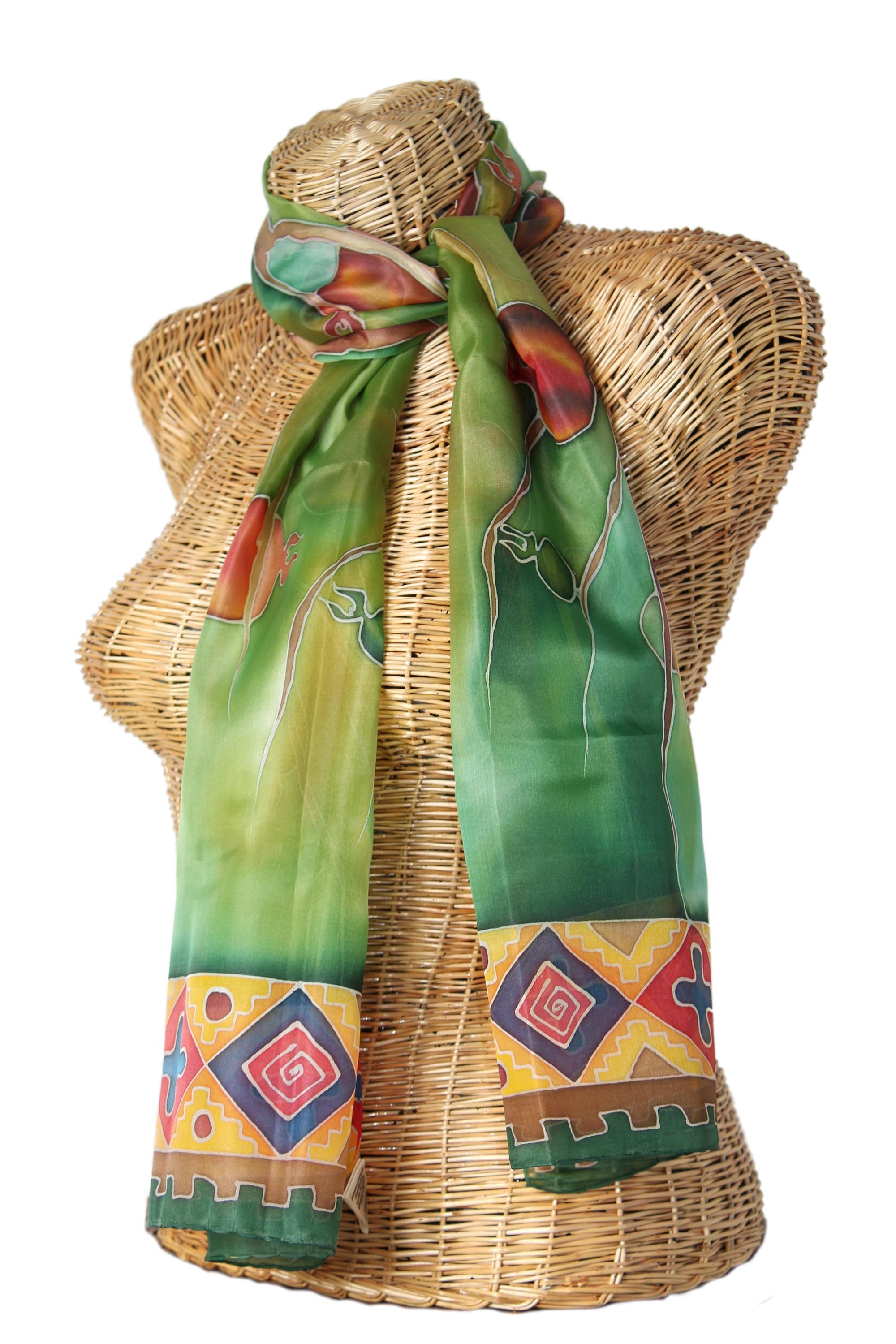 Pomegranate Motif Silk Batik Scarf from Armenia - Precious Pomegranate in Green
