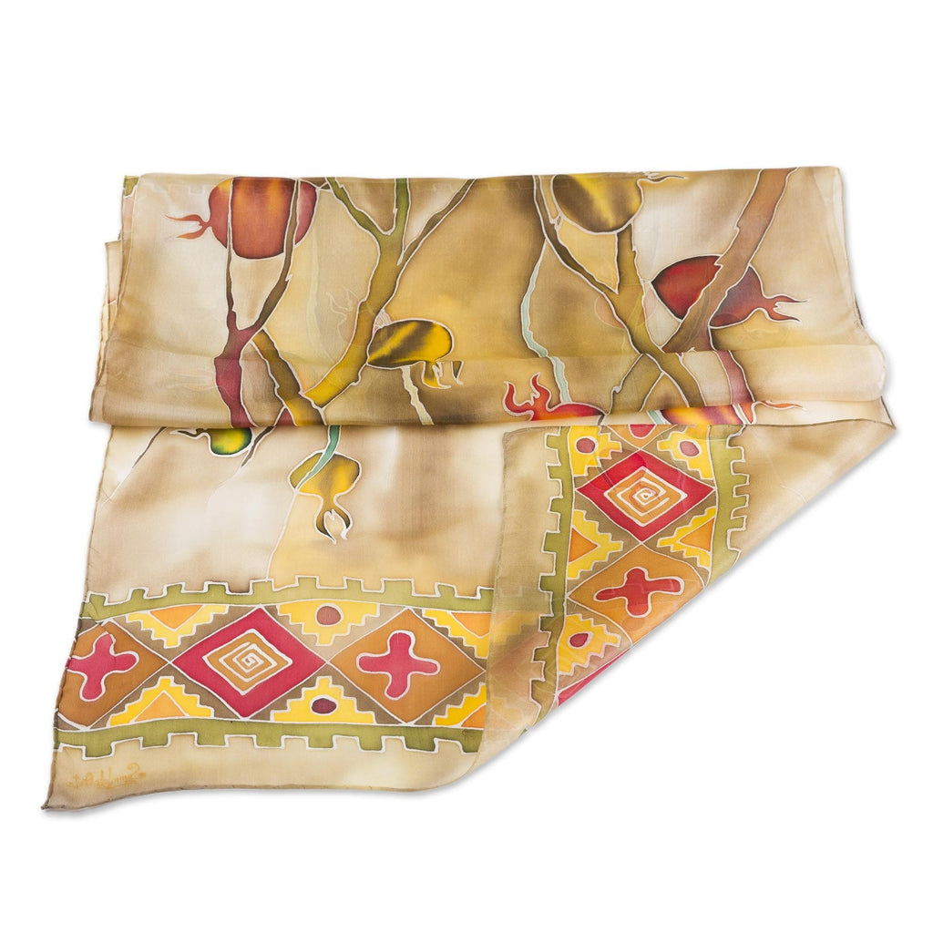 Unique Pomegranate Motif Batik Silk Scarf from Armenia - Precious Pomegranate in Honey