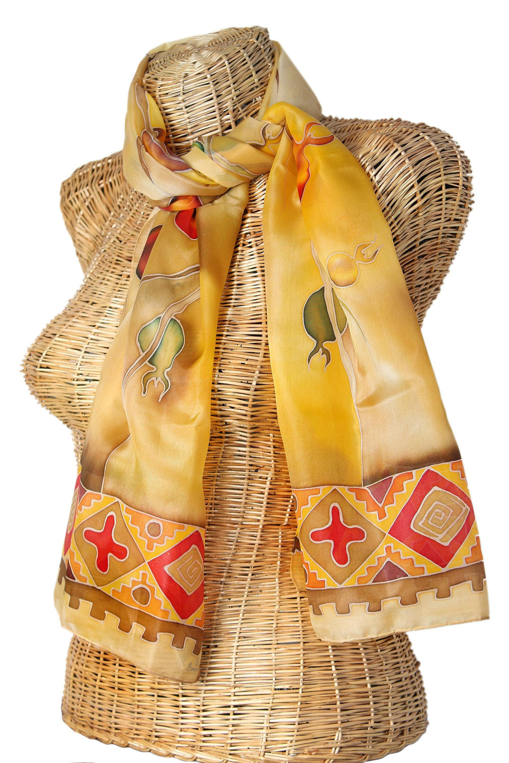 Unique Pomegranate Motif Batik Silk Scarf from Armenia - Precious Pomegranate in Honey