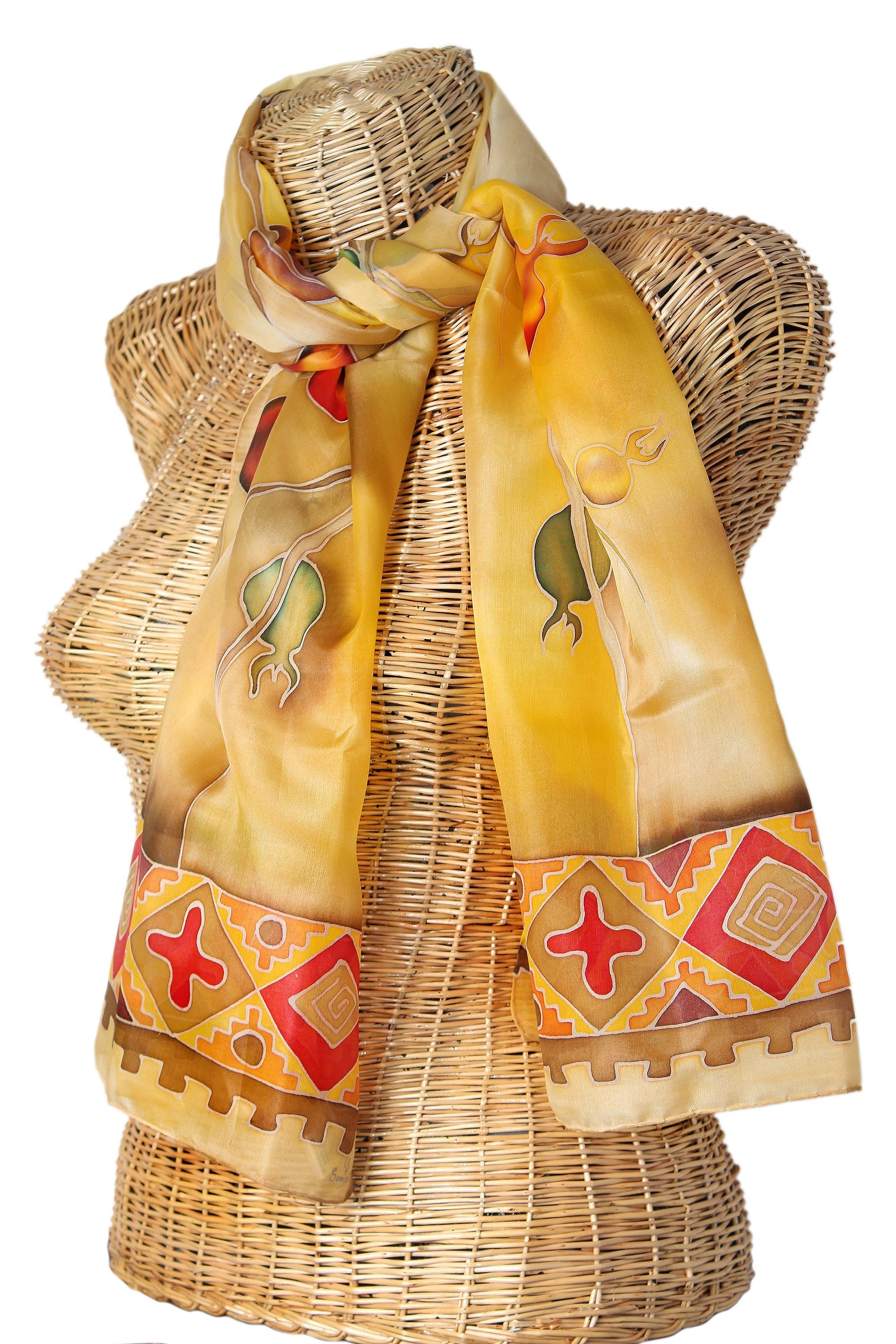Unique Pomegranate Motif Batik Silk Scarf from Armenia - Precious Pomegranate in Honey