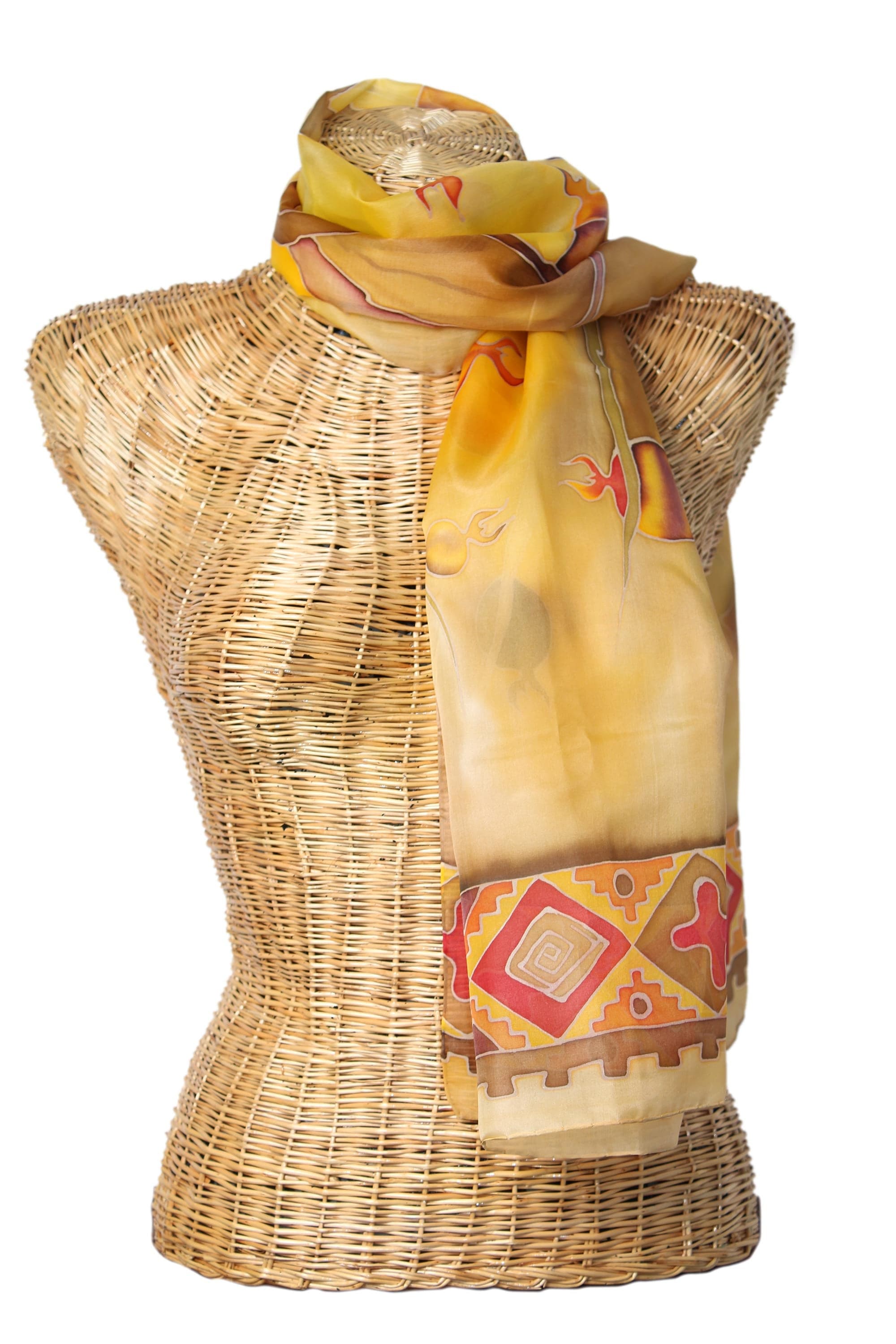 Unique Pomegranate Motif Batik Silk Scarf from Armenia - Precious Pomegranate in Honey