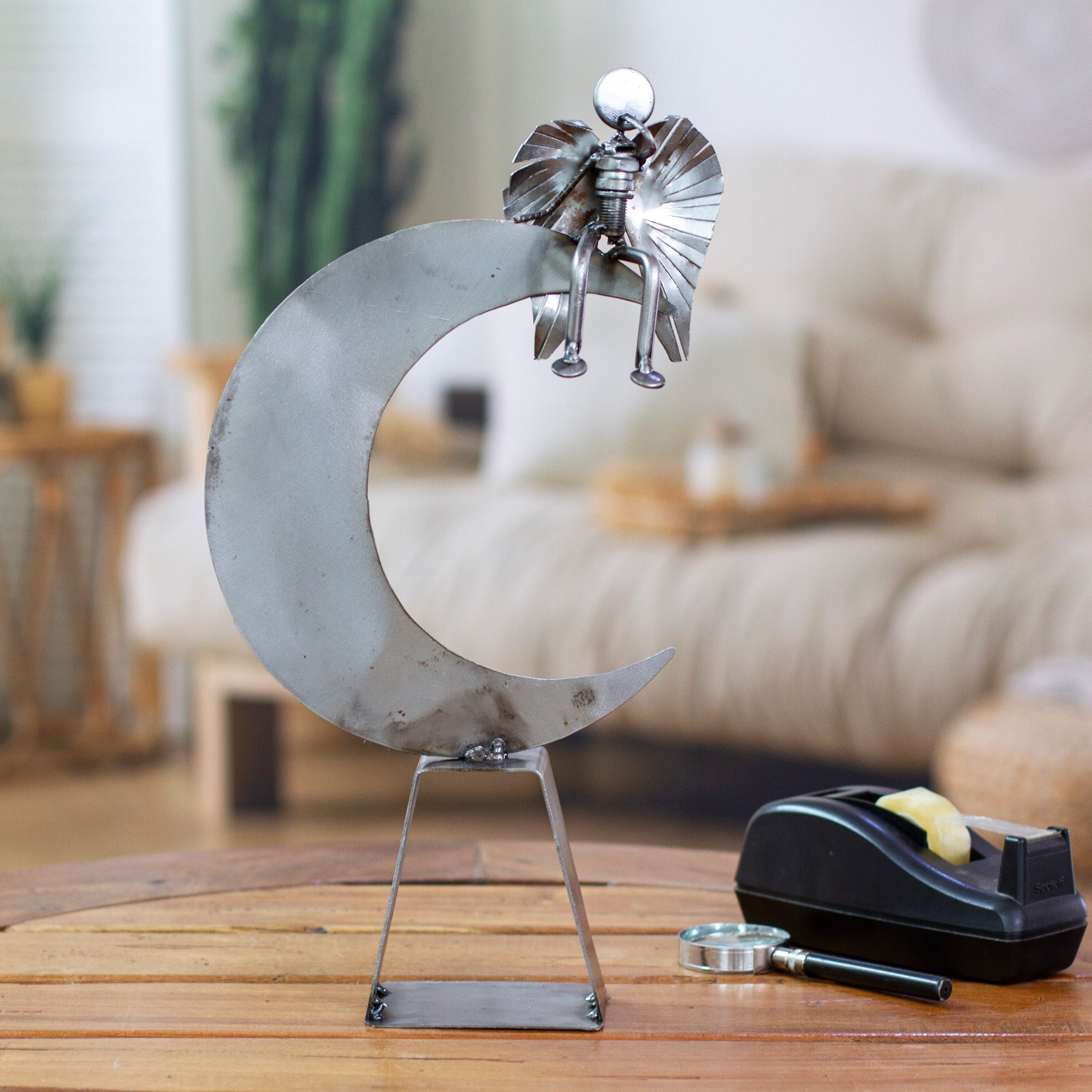 Handmade Angel and Moon Metal Sculpture - Angel on High