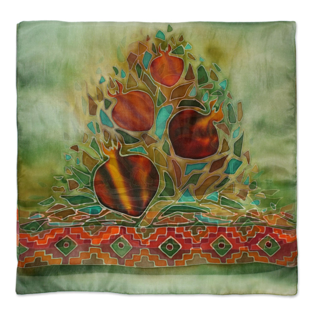 Armenian Hand Painted Scarf in 100% Silk - Pomegranate Summer