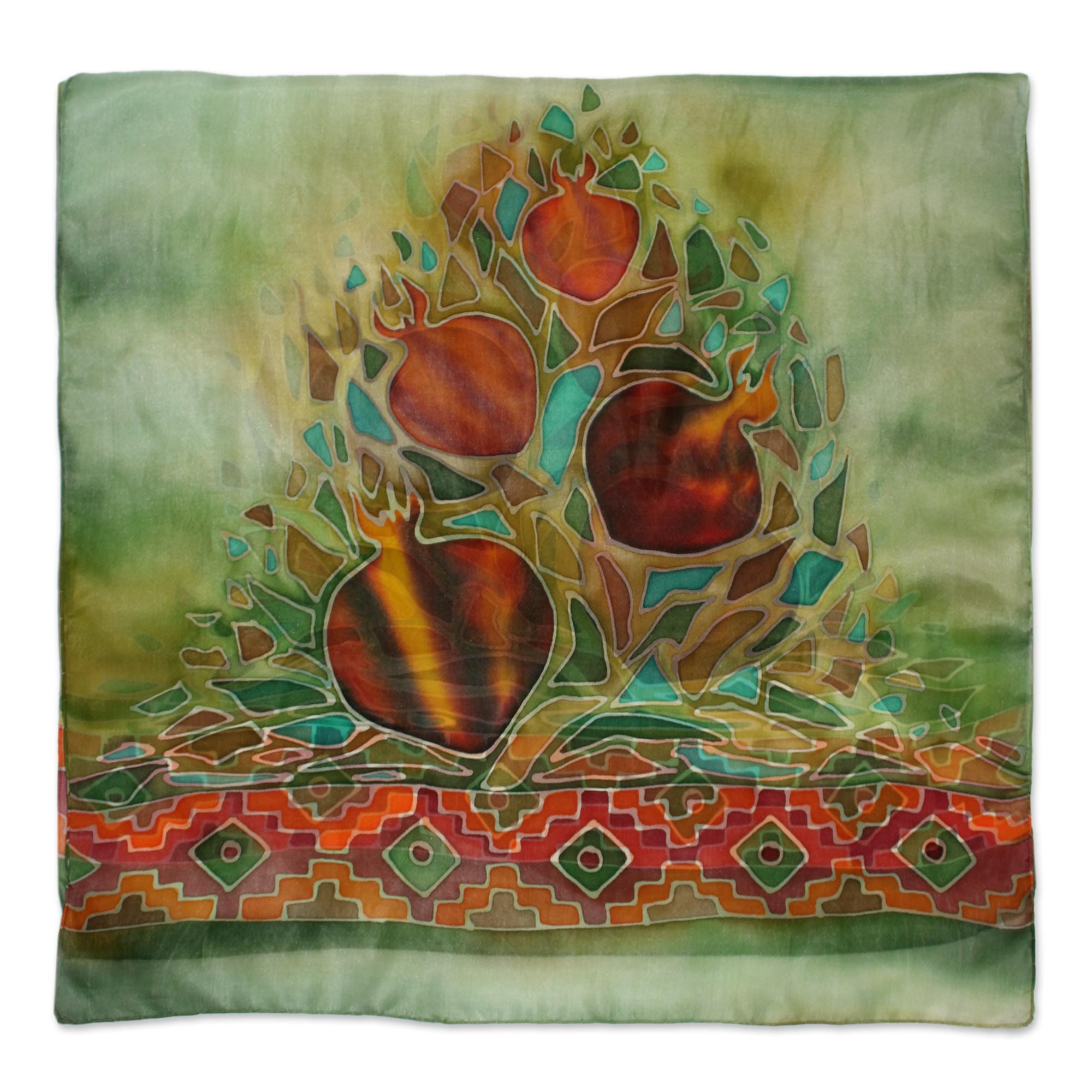 Armenian Hand Painted Scarf in 100% Silk - Pomegranate Summer