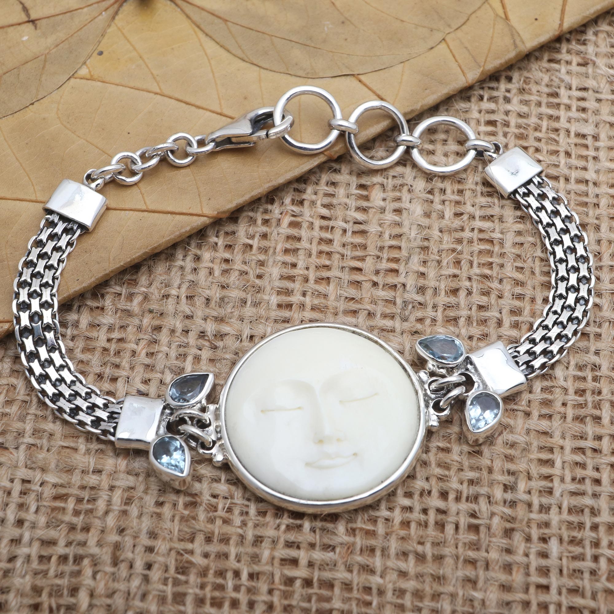 Blue Topaz and Sterling Silver Moon-Themed Bracelet - Full Moon Beauty