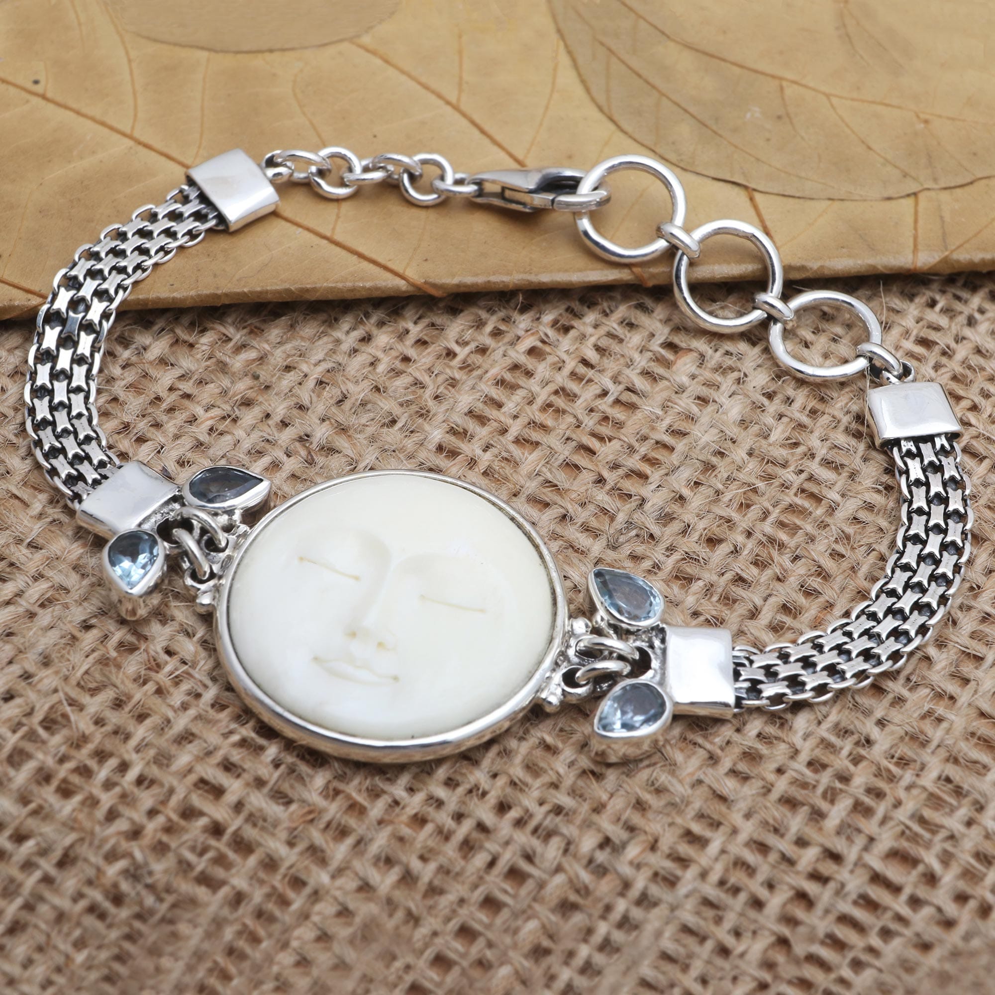 Blue Topaz and Sterling Silver Moon-Themed Bracelet - Full Moon Beauty