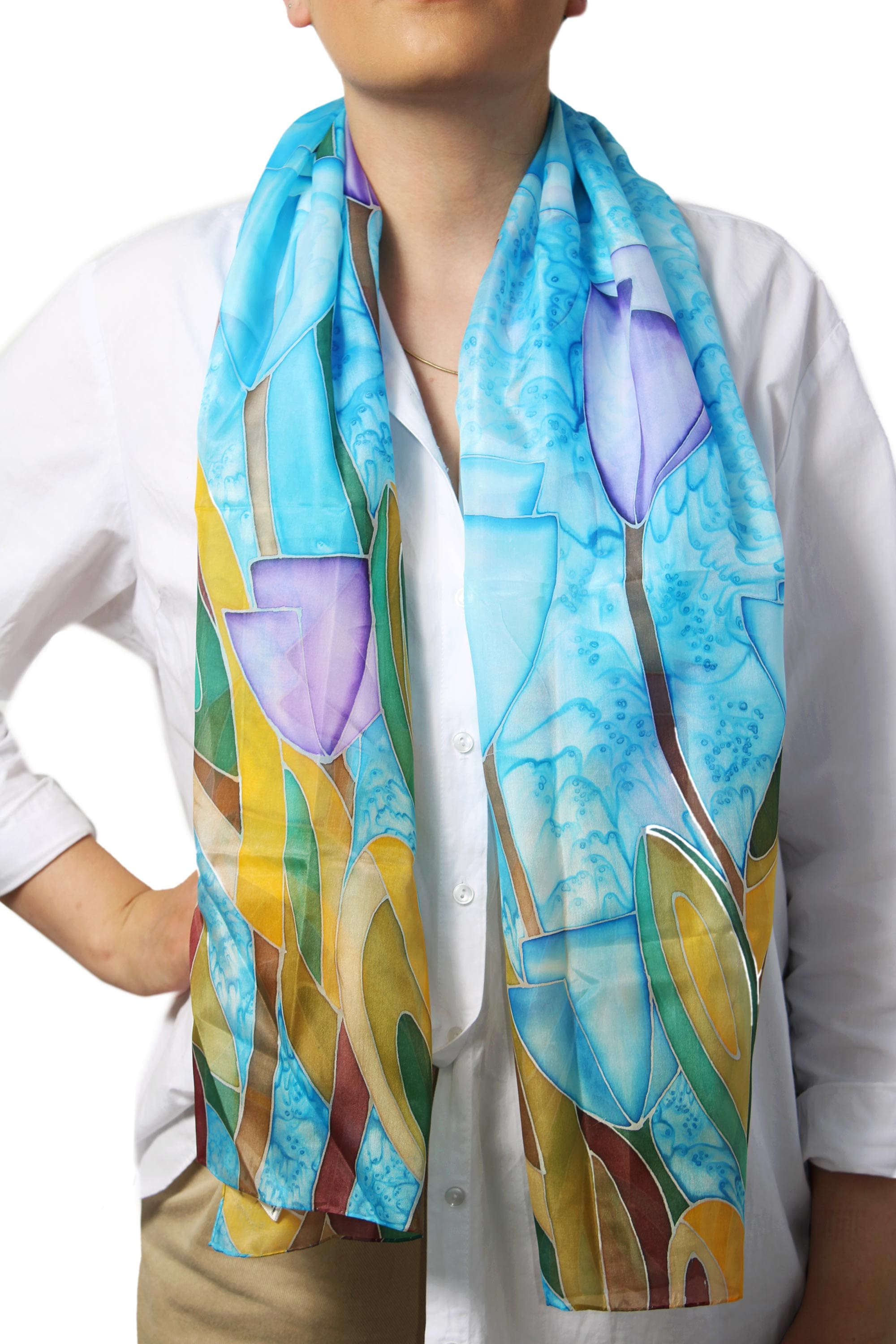 Tulip Motif Signed Hand Painted Silk Batik Scarf - Treasured Tulips