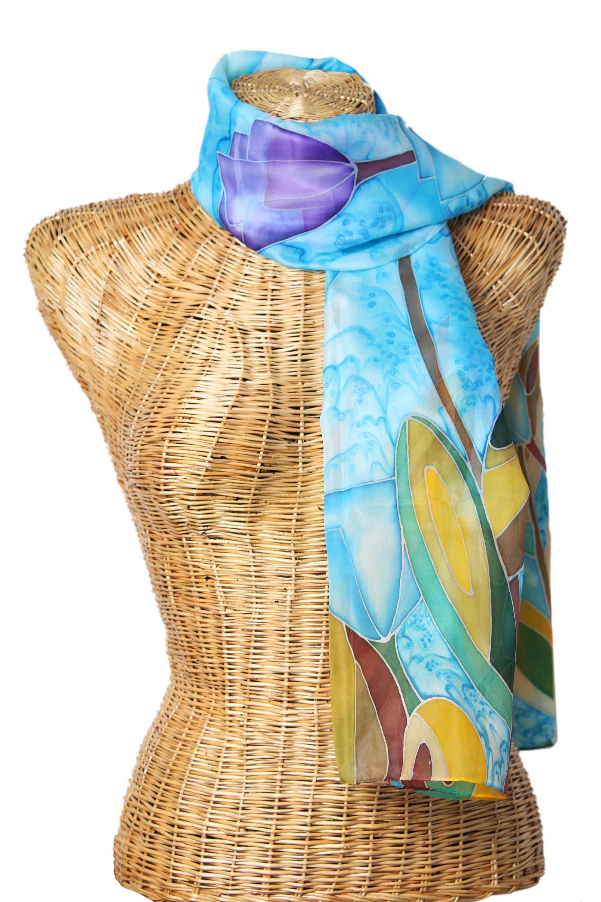 Tulip Motif Signed Hand Painted Silk Batik Scarf - Treasured Tulips