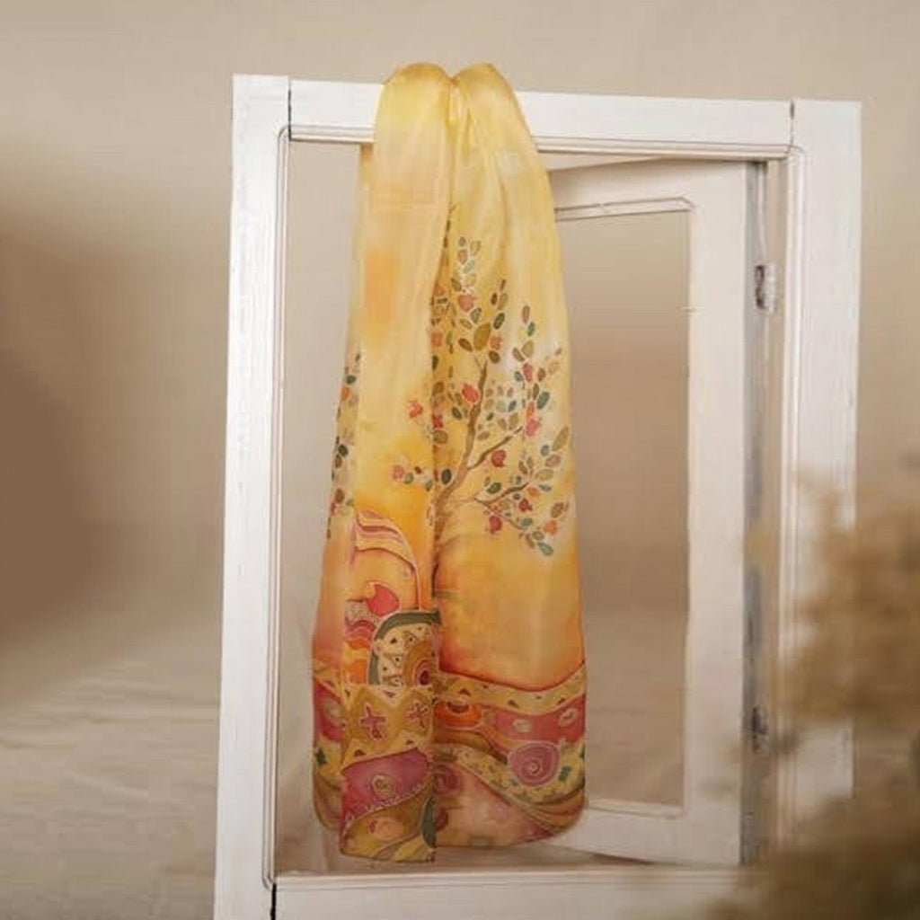Traditional Hand-Painted Nur Tree Silk Scarf in Warm Hues - Nur Tree